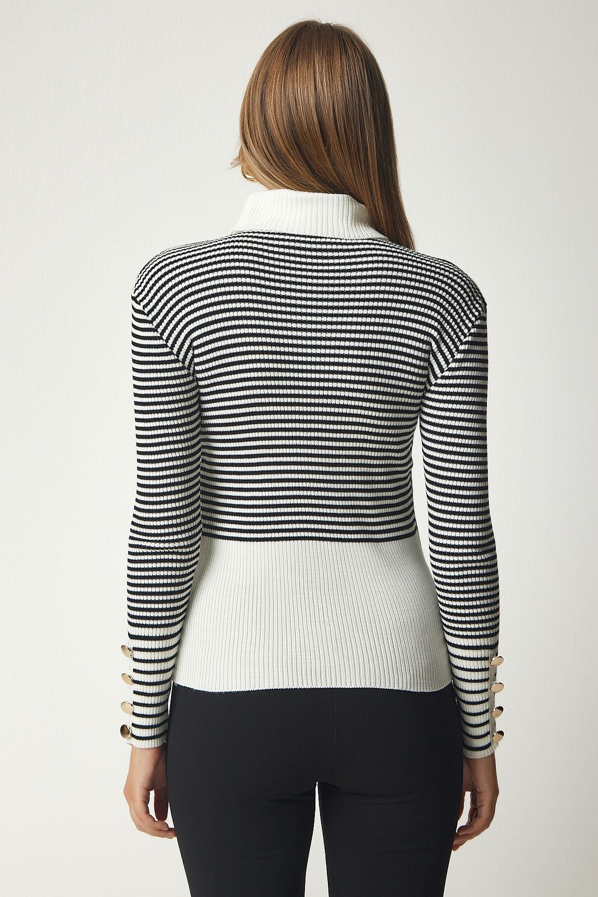 Female Ecru Black Fisherman Neckline Button Triko Sweater DD01267