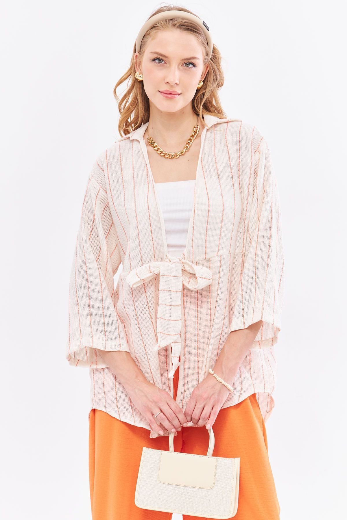 Woman Open Orange Striped front-binding Kimono Shirt ARM-24Y001091