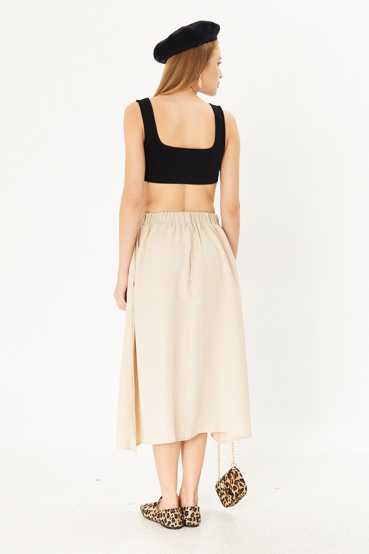 Female Beige Waist Midi Pocket Midi Skirt ARM-25K001010