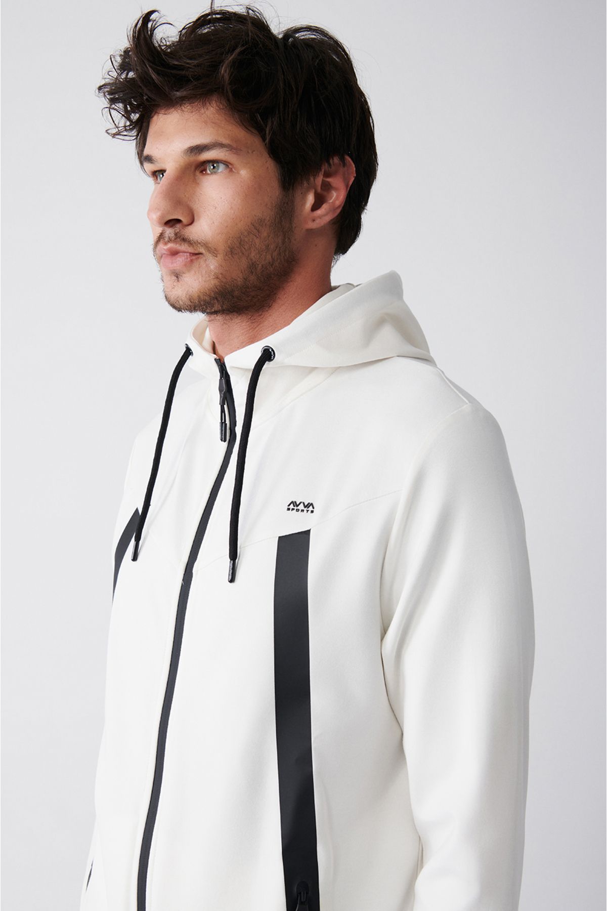 Men's Ecru Interlok Fabric Hoped Zipper Sweatshirt A31y1202