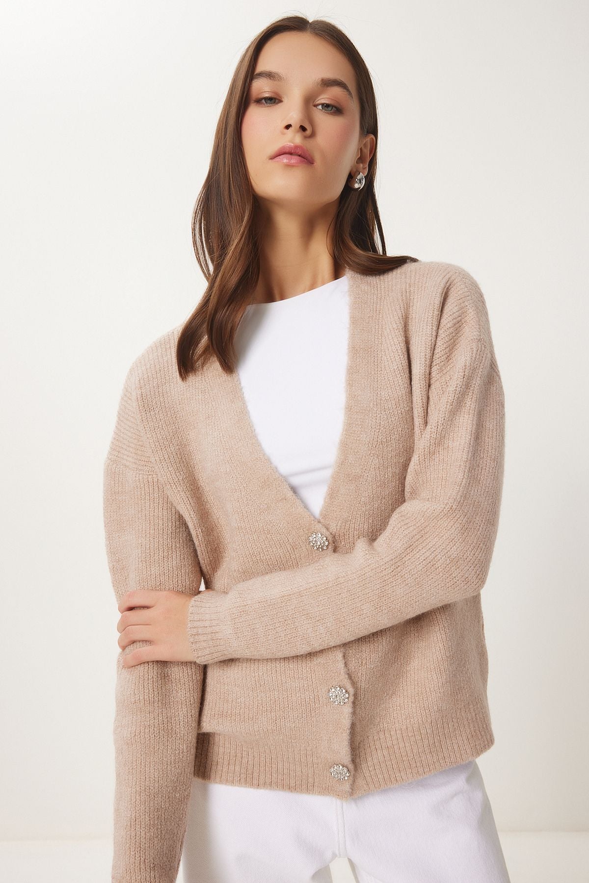 Woman beige stylish button knitwear cardigan mx00114