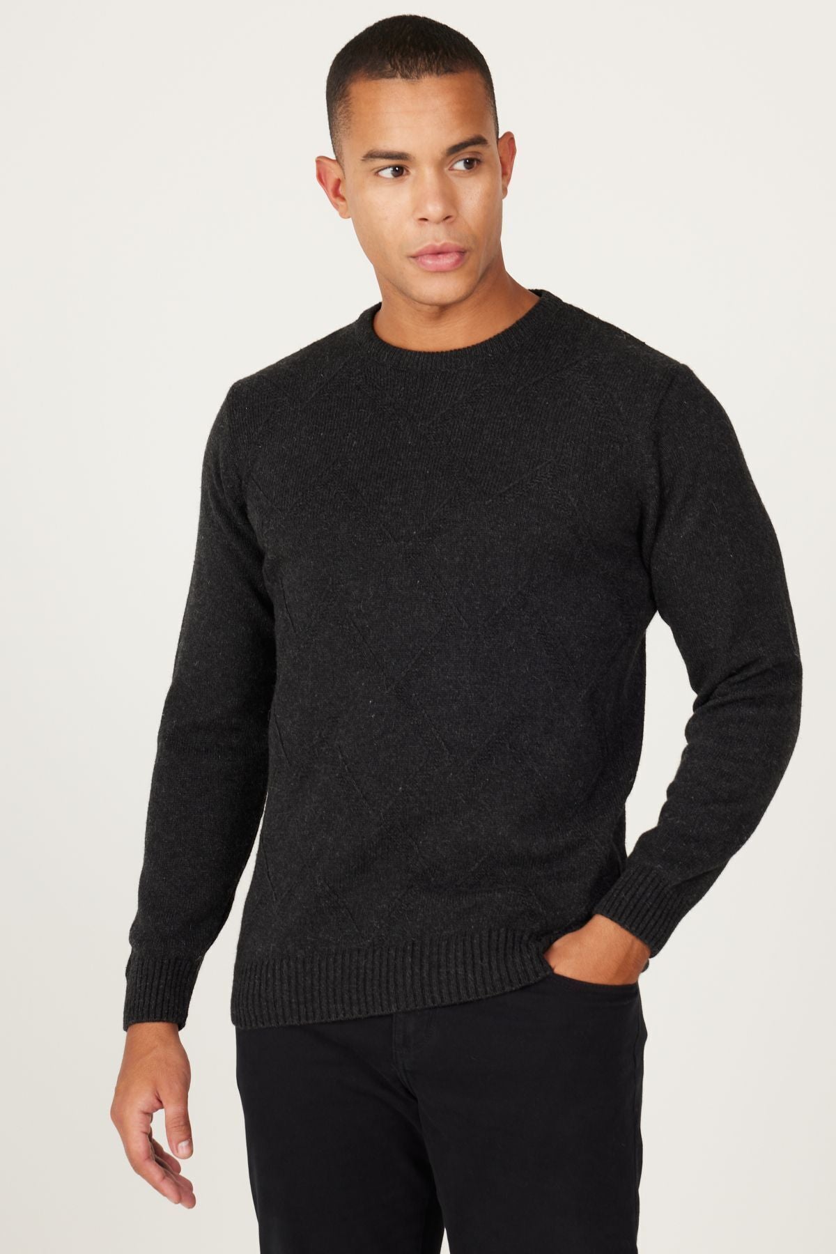 Men's anthracite standard fit normal cut bike collar jacquari knitwear sweater