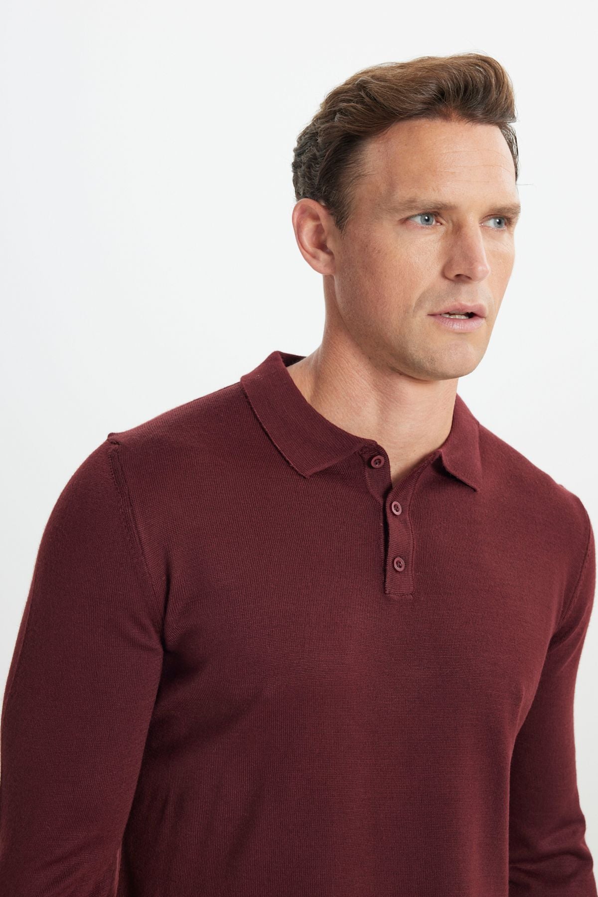 Men's burgundy woolen standard fit normal cut polo collar knitwear sweater