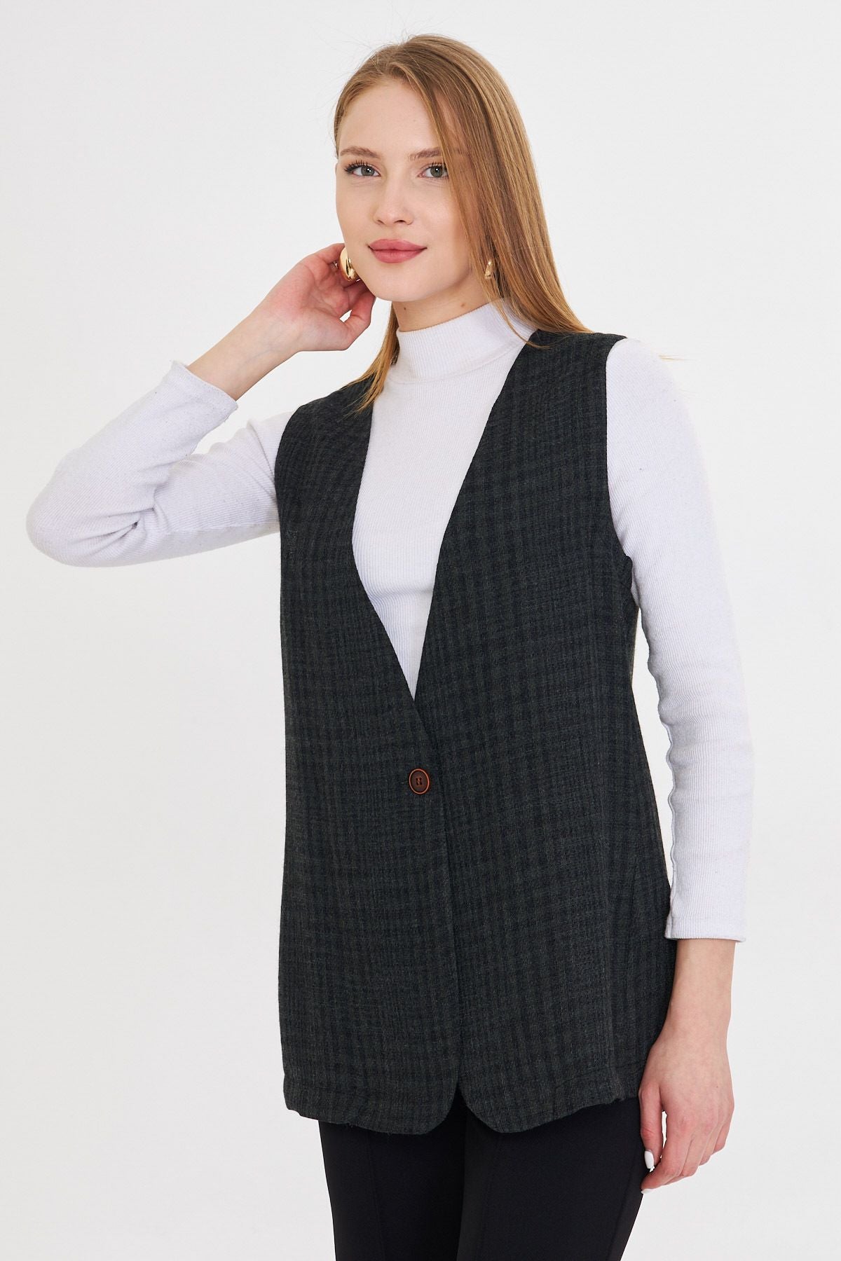 Woman Khaki V-Yaka Single button Oversize Patterned Vest ARM-25K001110