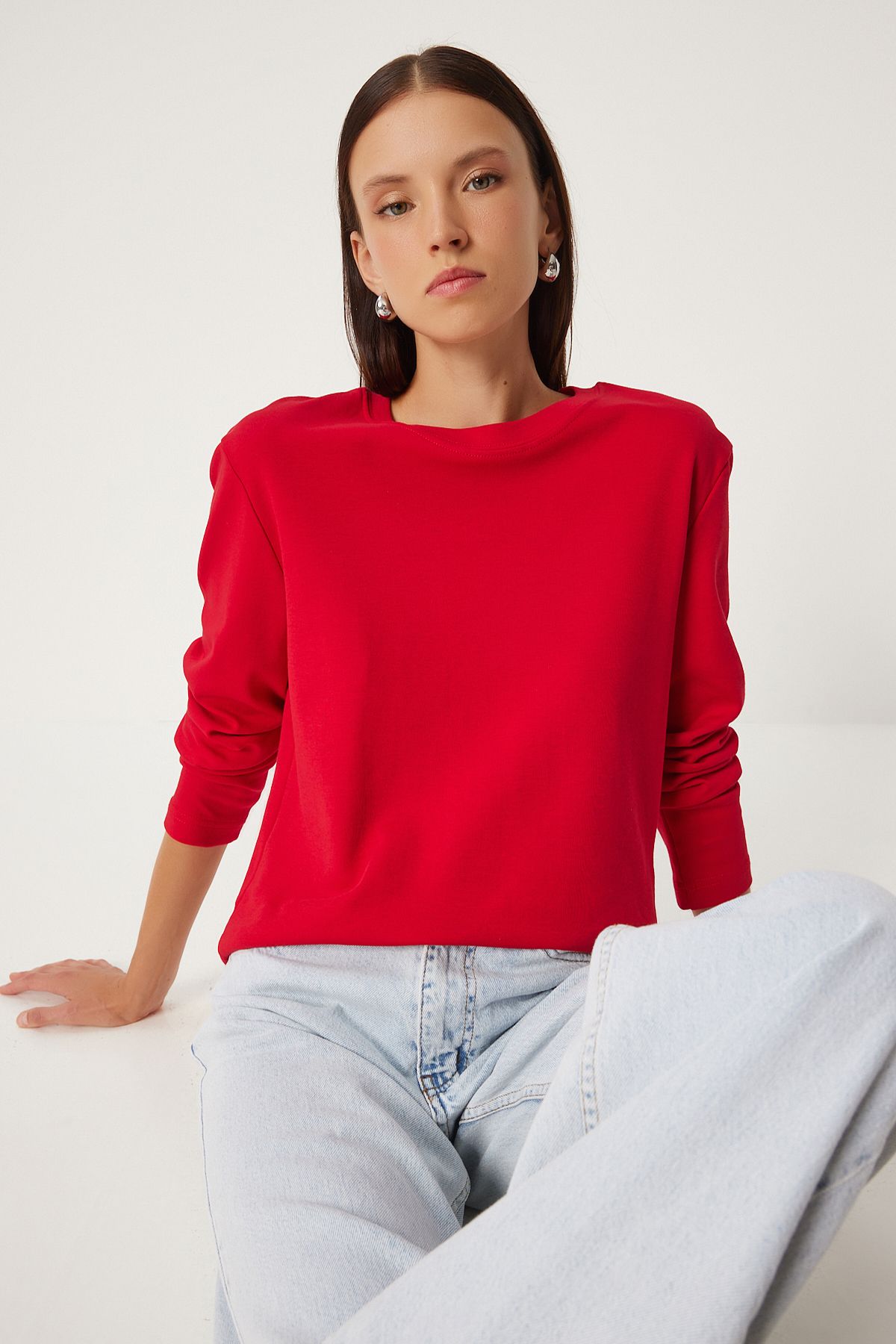 Woman Red Cotton Basic Knitting Blouse NJ00155