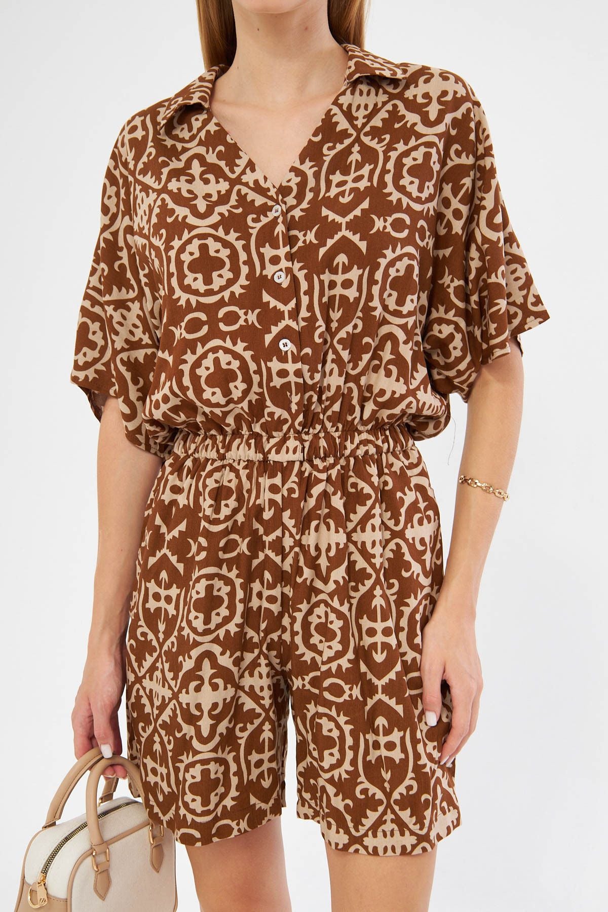 Woman Taba Shirt Cep Patterned Short Jumpsuit Arm-24Y001023