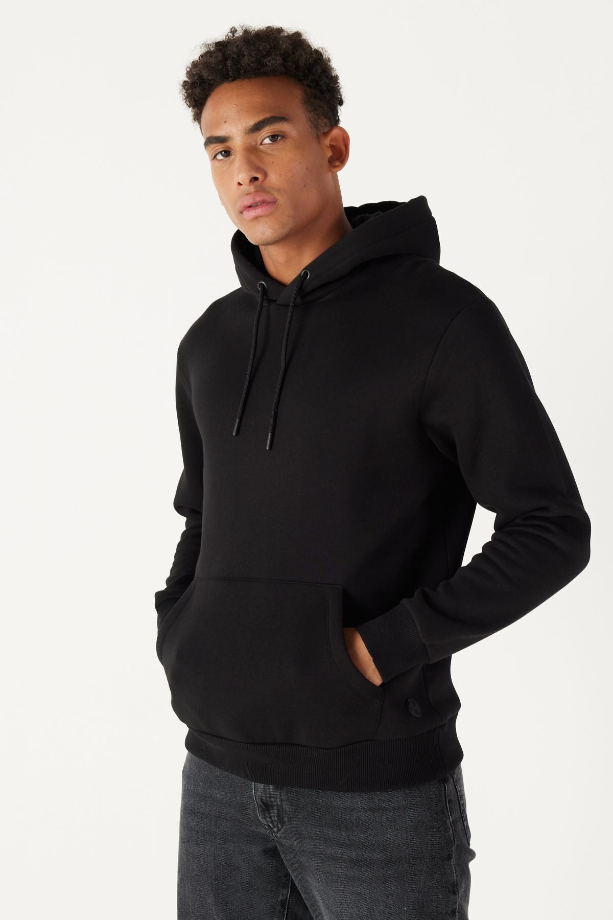 Men's Black Standard Fit Normal Normal Cut Içi Polar 3 IP hooded cotton sweatshirt