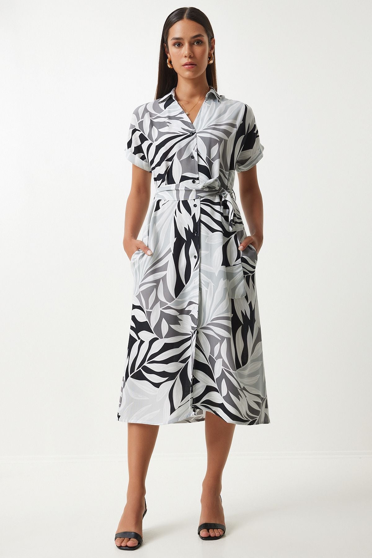 Female Gray Black Patterned Born Viscose Shirt Dress DD01331