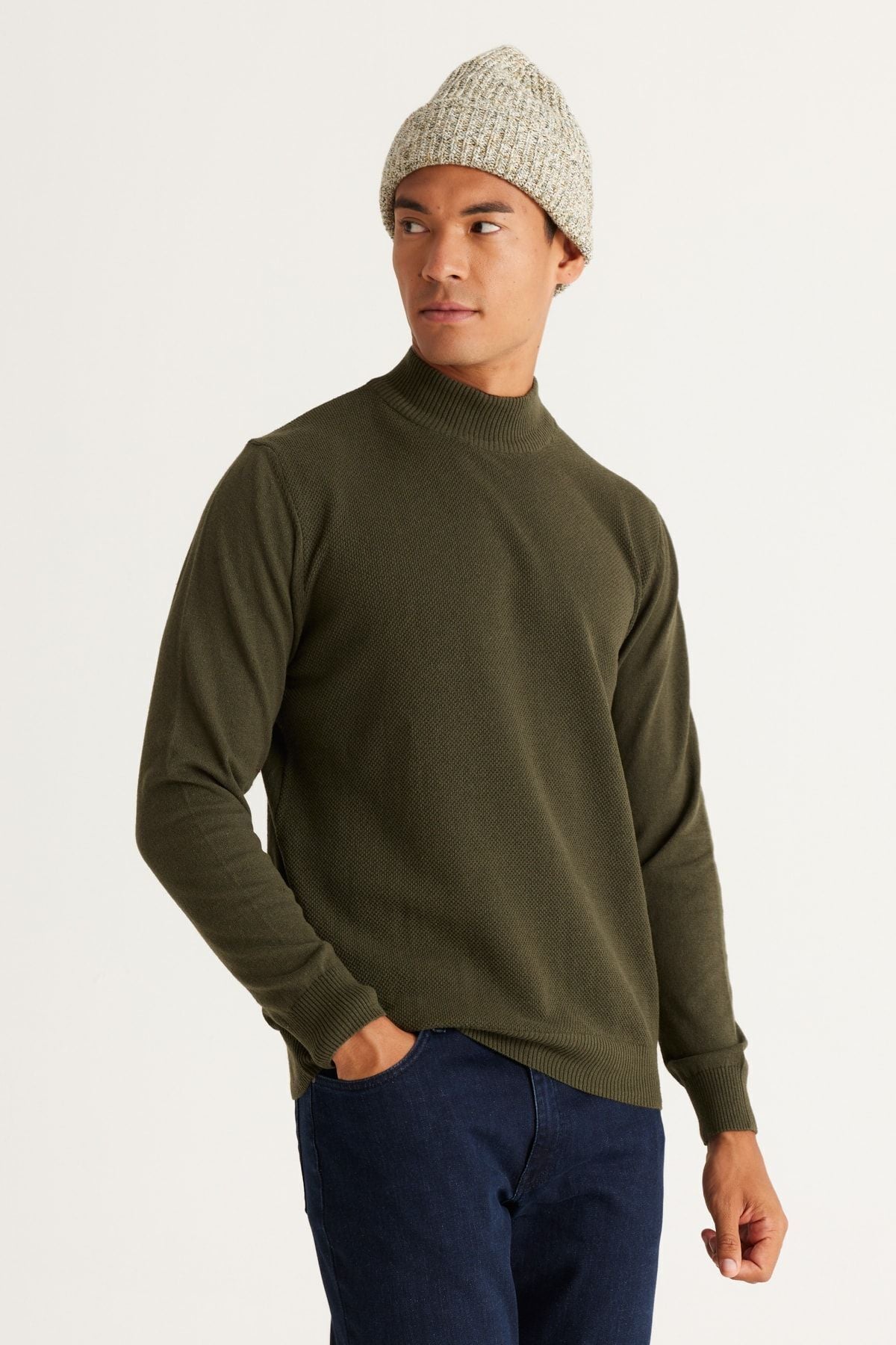 Men's Khaki standard fit normal cut half fisherman collar cotton knitwear sweater