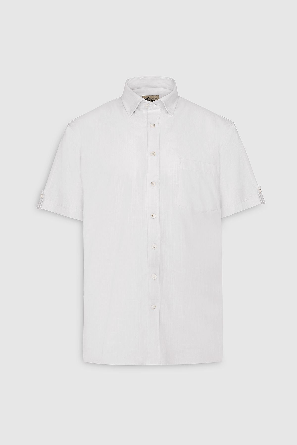 Men's White Comfort Fit Casual Cutting Buttoned Neck Linen Look 100 %Cotton Short Sleeve Shirt