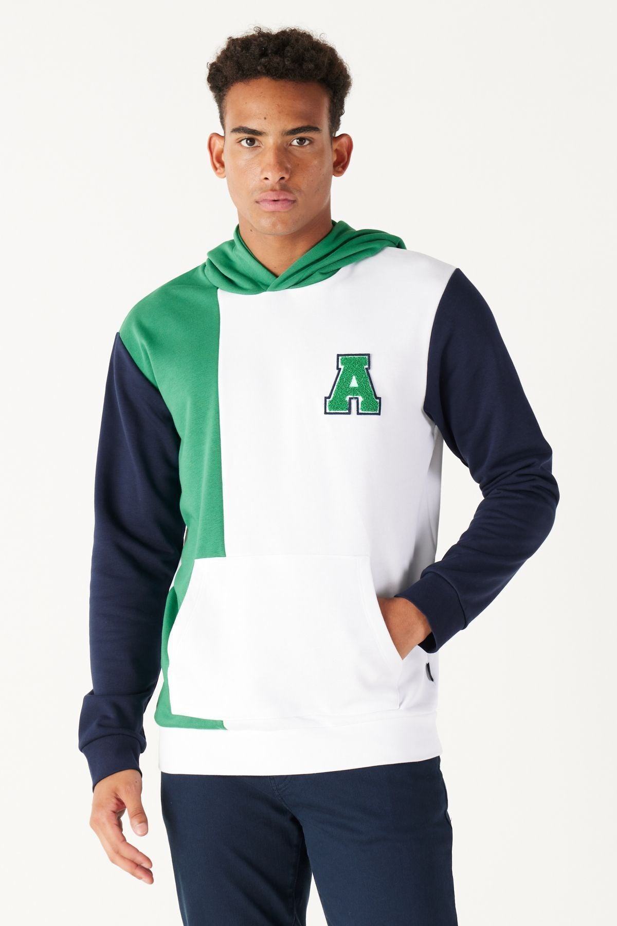 Men's white-green standard fit Normal cutting hooded cotton striped sweatshirt