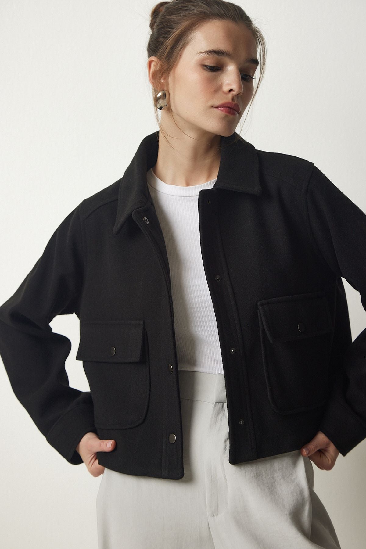 Female black pocket stamp jacket oh00051
