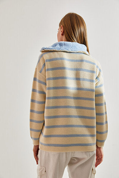 Women's Fur Collar Striped Zippered Knitwear Sweater 20234217