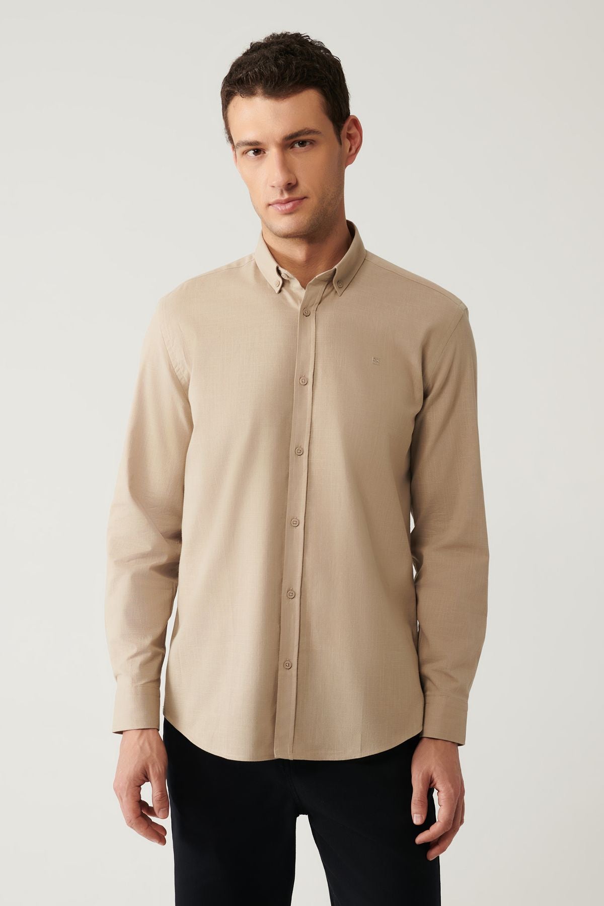 Men's mink button collar 100 %cotton linen textured shirt E002141