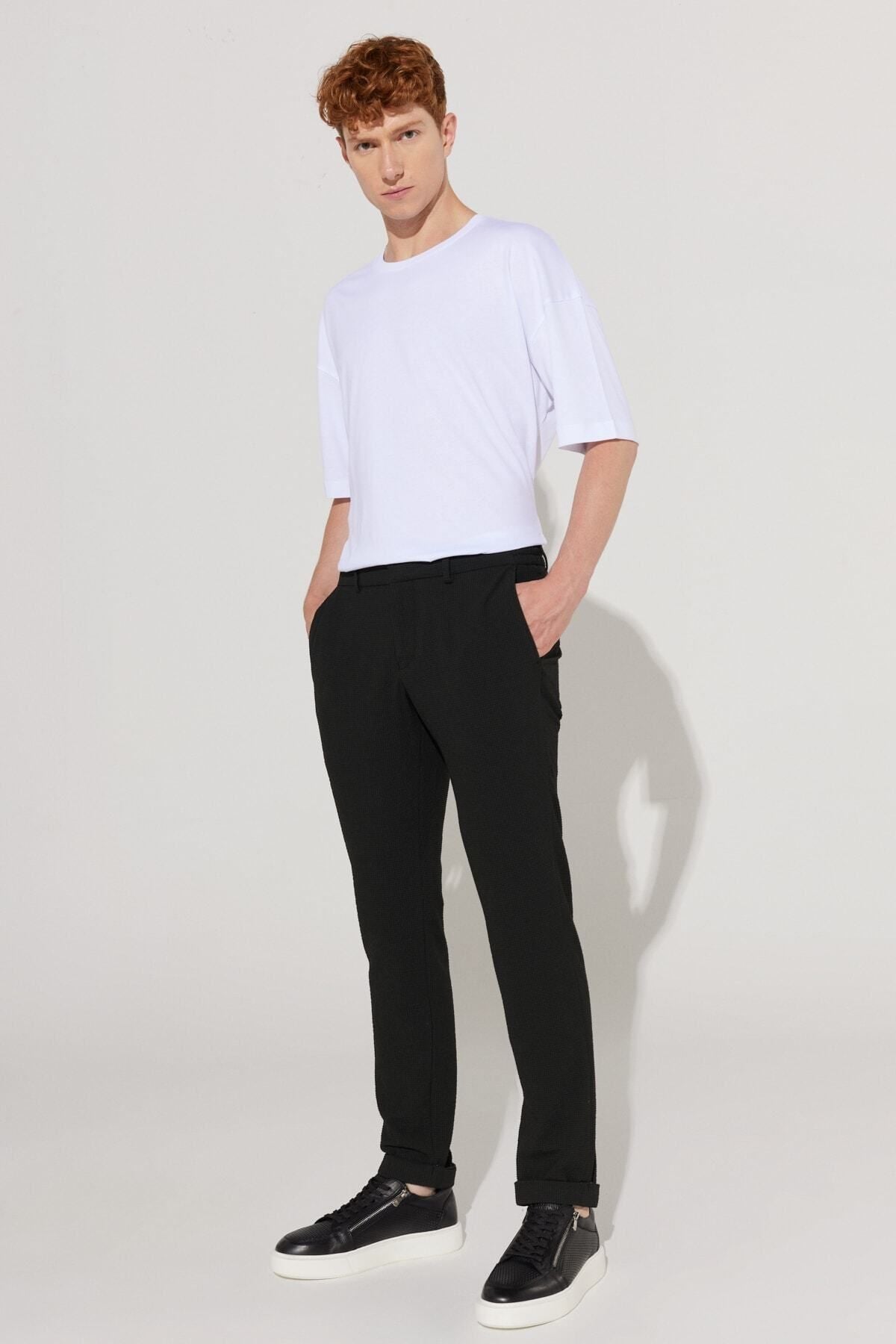 Men's black slim fit narrow -cut waffle patterned flexible waist tied trousers
