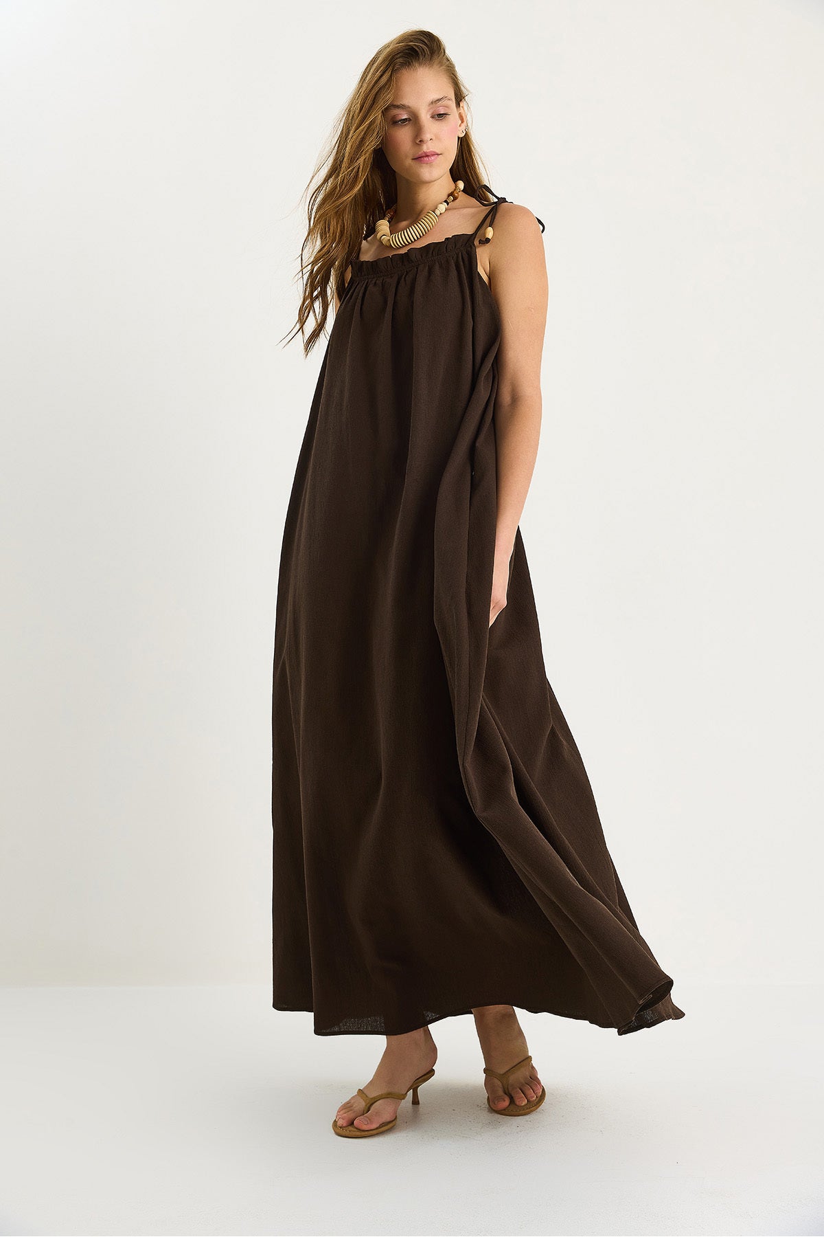 Women's Tie Strap Pocket Detailed Lined Long Crinkle Oversize Dress 5249 60281095