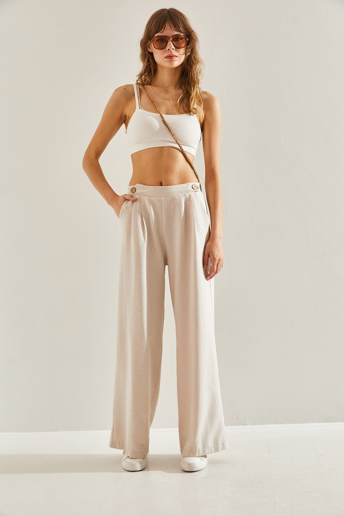 Female Front Egger Double Button Detailed Pocket Natural Palazzo Pants 60251124