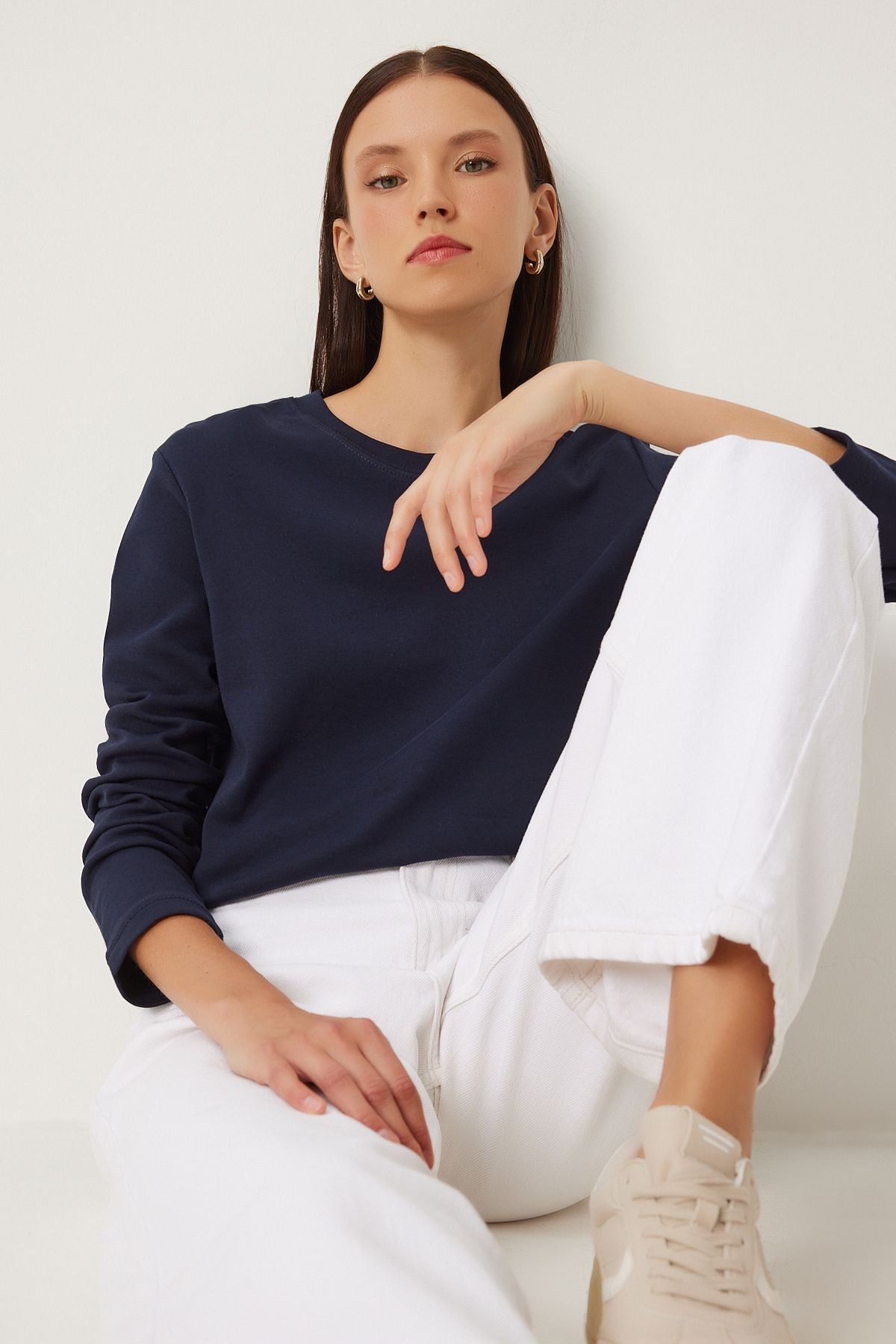 Woman Navy Blue Cotton Basic Knitting Blouse NJ00155