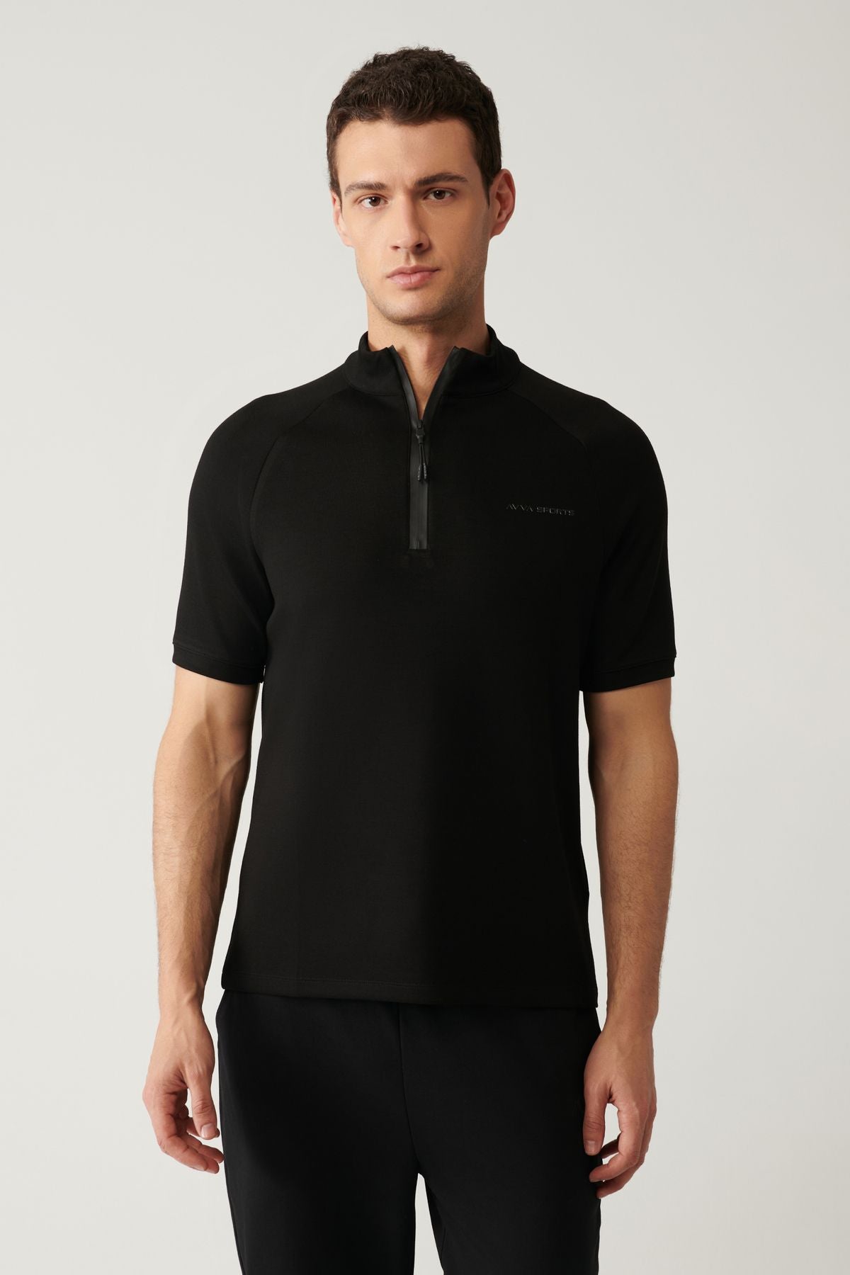 Men's black upright collar half zipper printed T-shirt A41y1312