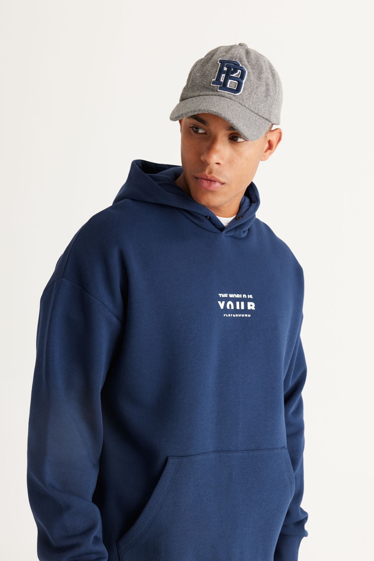 Men's Navy Blue Oversizle Fit Plenty Cut Hooded 3 -IP Cotton Sweatshirt