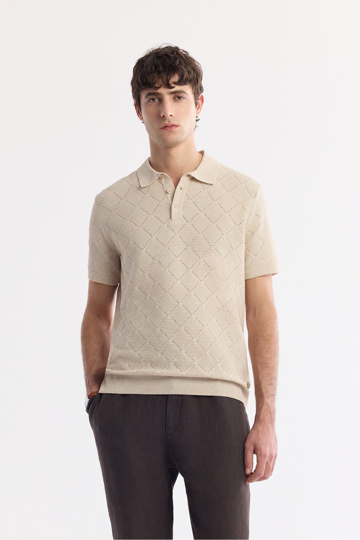 Men's Beige Polo Yaka Jacquard Bouquet Yarn Triko T-Shirt A51Y5040