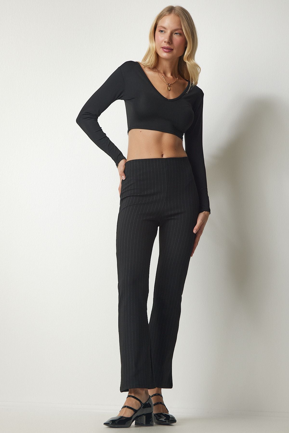 Female black fine striped comfortable trousers ub00138