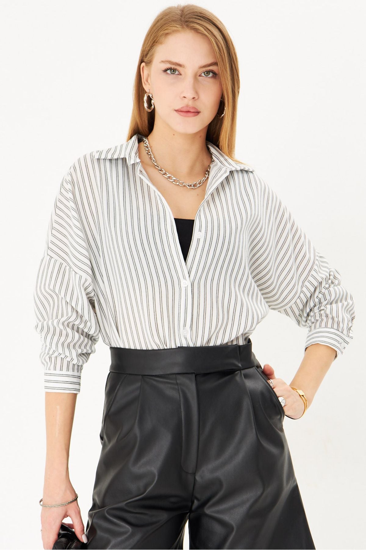 Woman White-Black Fine Striped Oversize Long Basic Shirt ARM-221185