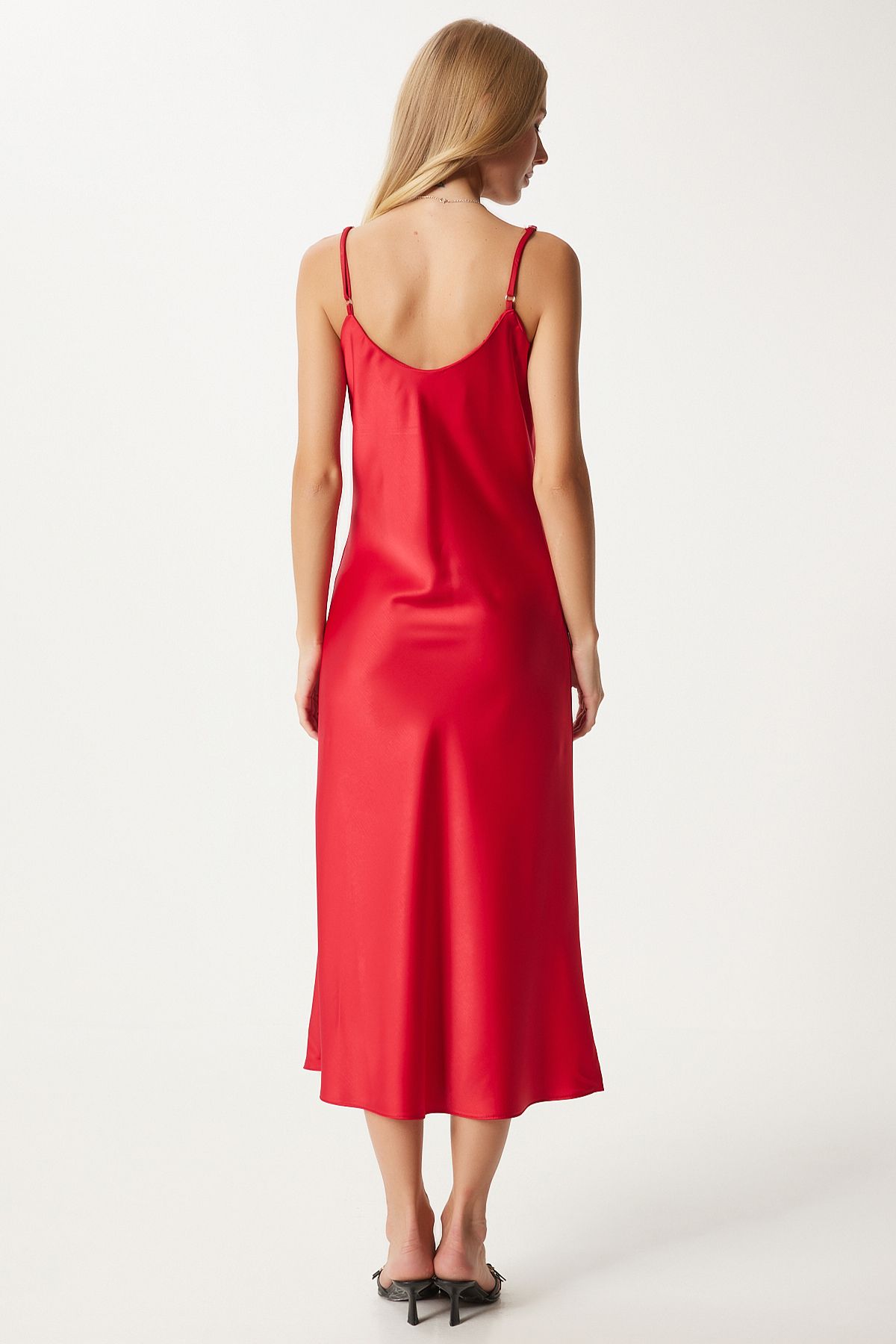 Woman Red Degage Yaka Satin Surface Dress FN03300