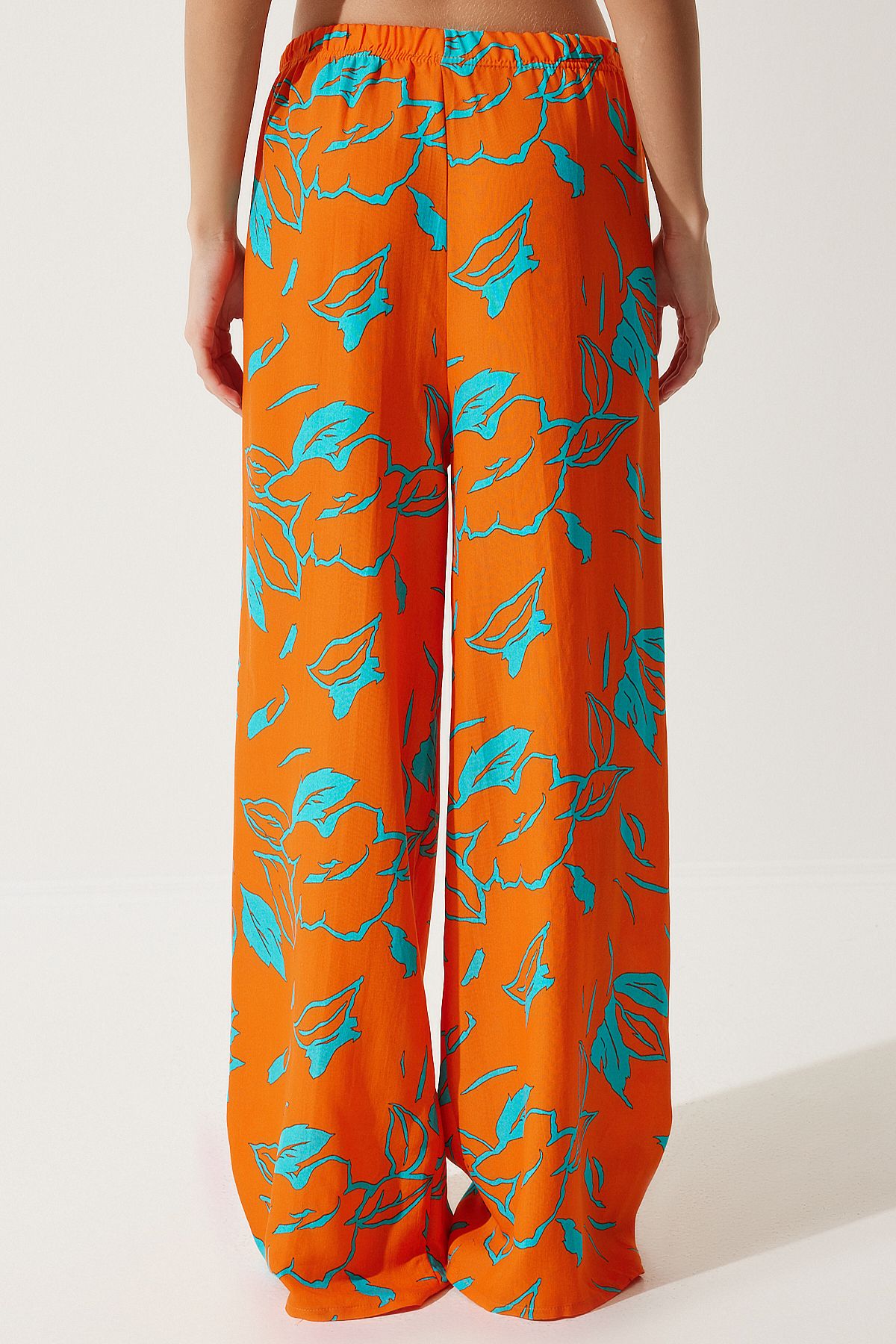 Women's Sky Blue Orange Patterned Kimono Palazzo Pants Set EN00614