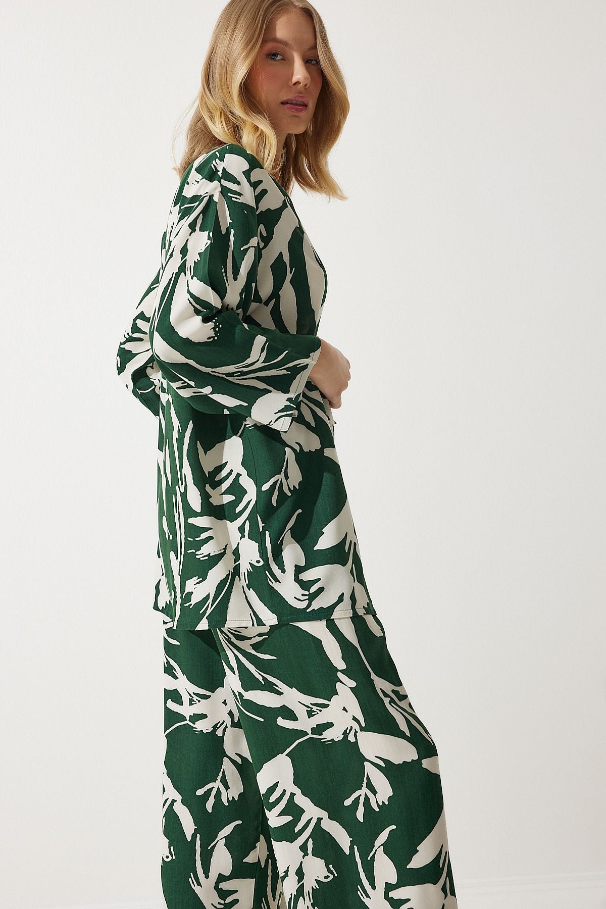 Women's Green Patterned Kimono Palazzo Pants Set EN00614