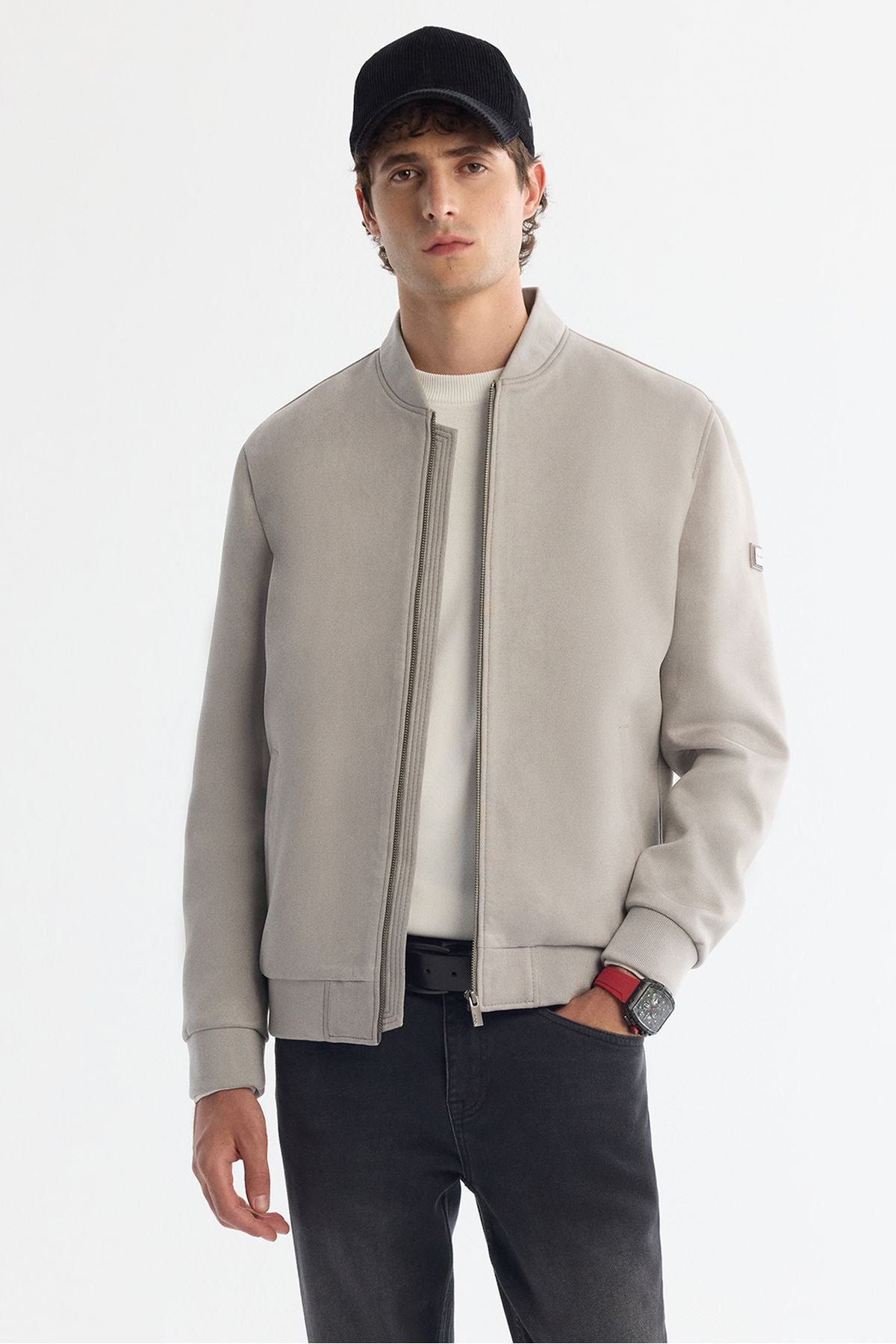 Men's light gray zipper suede -looking Bomber Ince Mont B006045