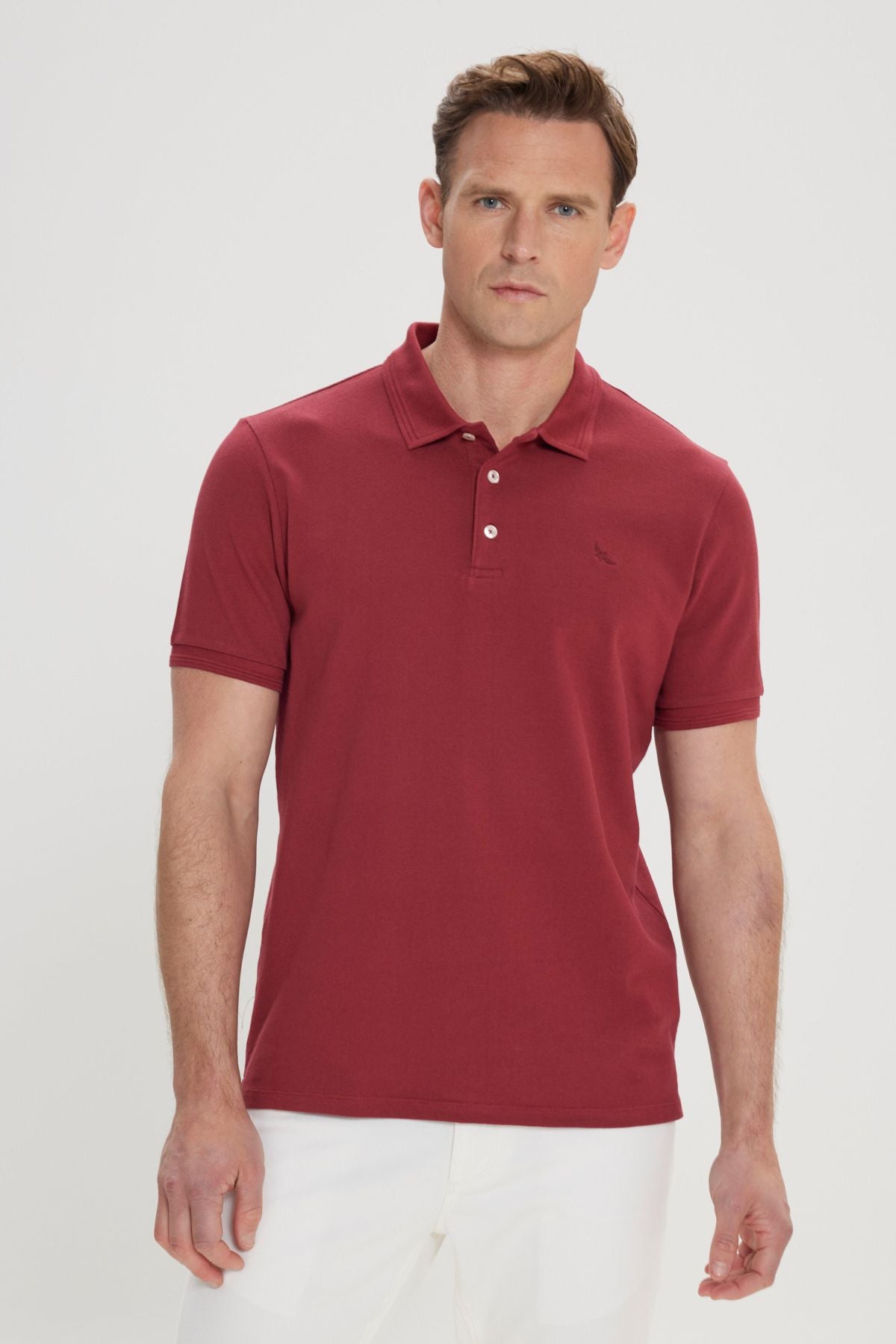 Men's Bordeaux Slim Fit Night Cut Polo Yaka 100 %Cotton Short Sleeve T -shirt