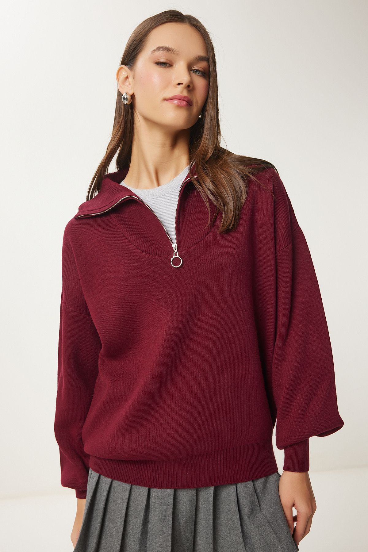 Female Bordeaux Zippered Neck Basic Knitwear Kazakh PF00007