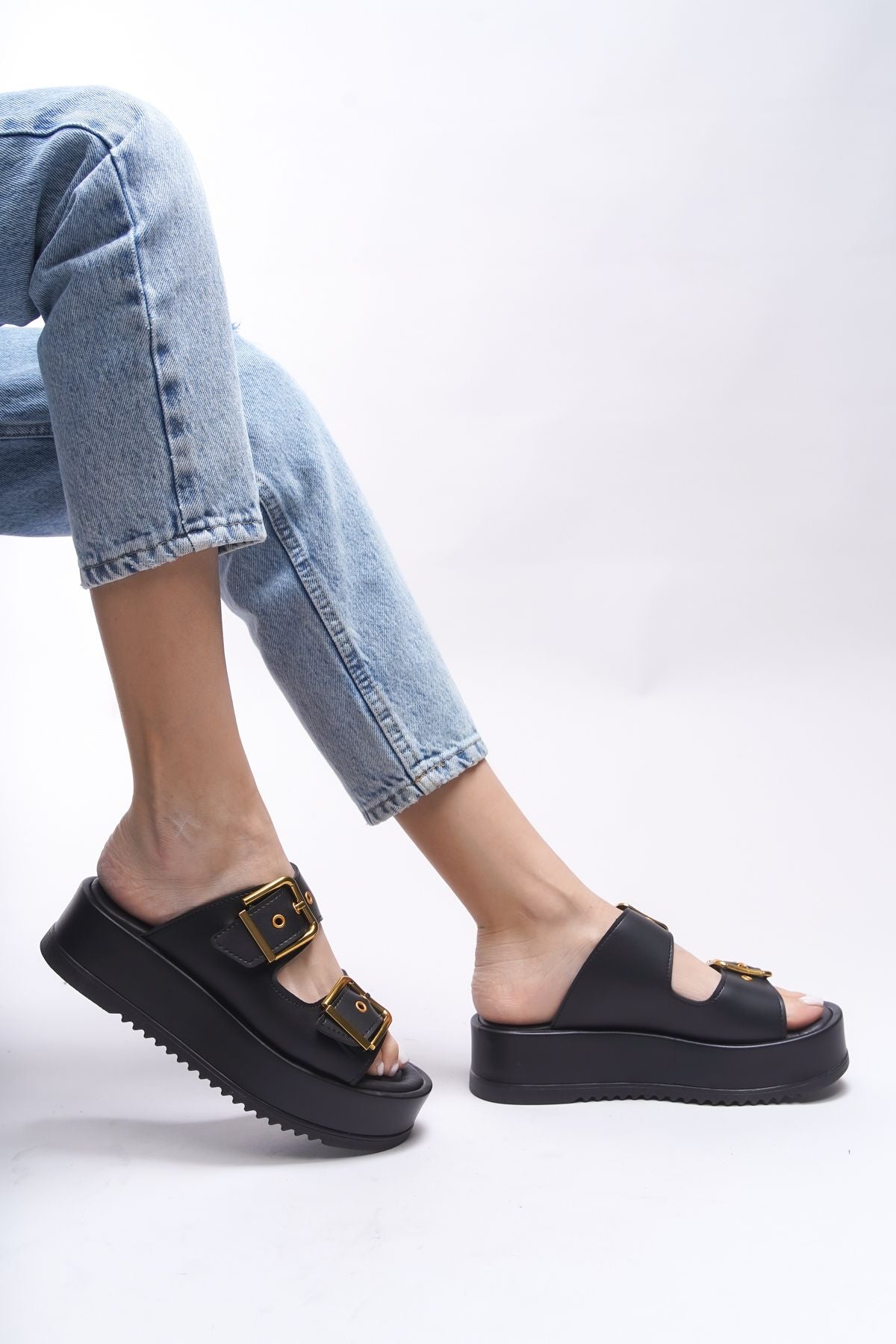 Winledha Female Double Buckle Slipper 001278 Black Skin