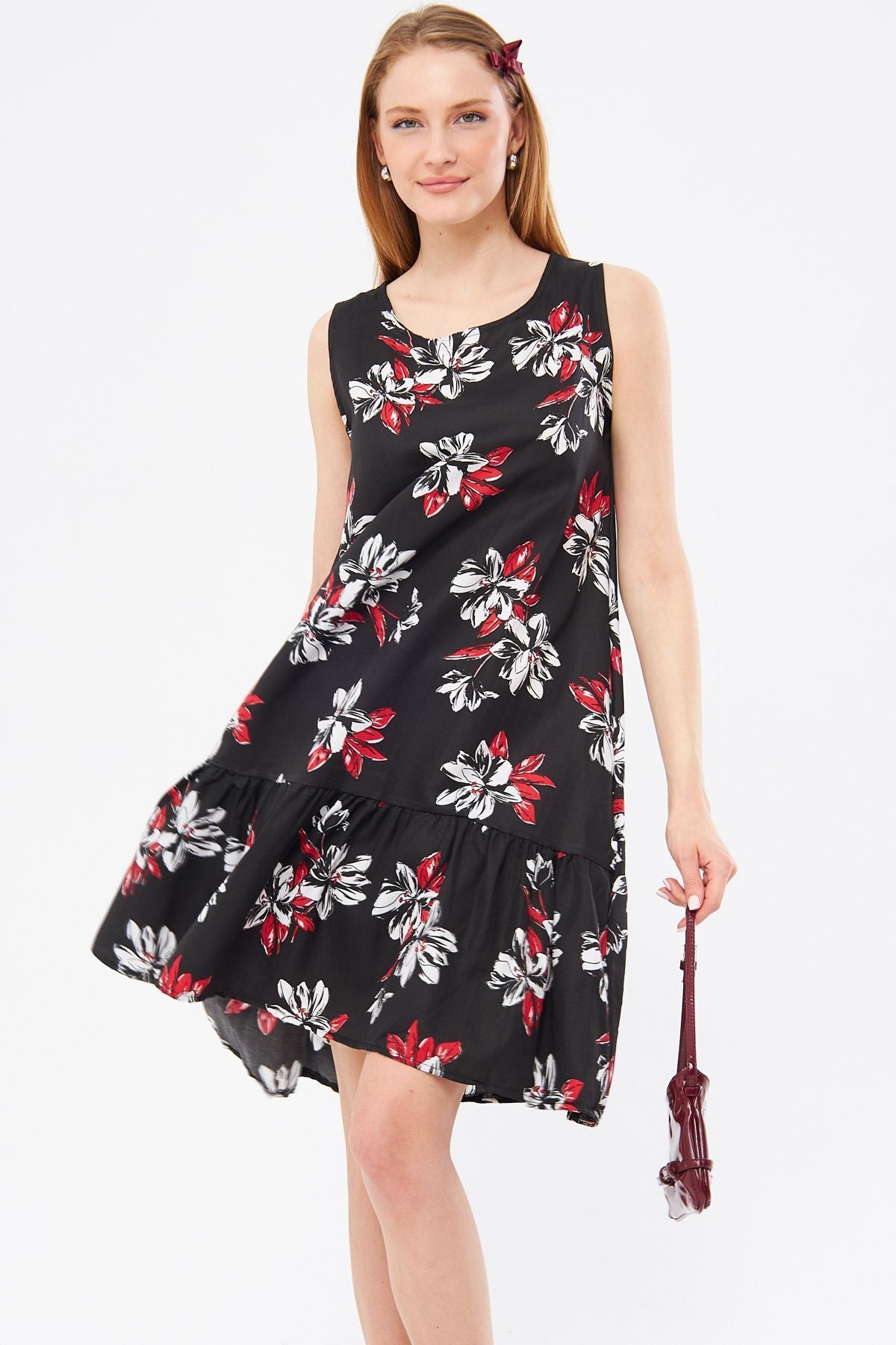 Woman Black Big Flower Patterned Sleeveless Dress ARM-22Y001014