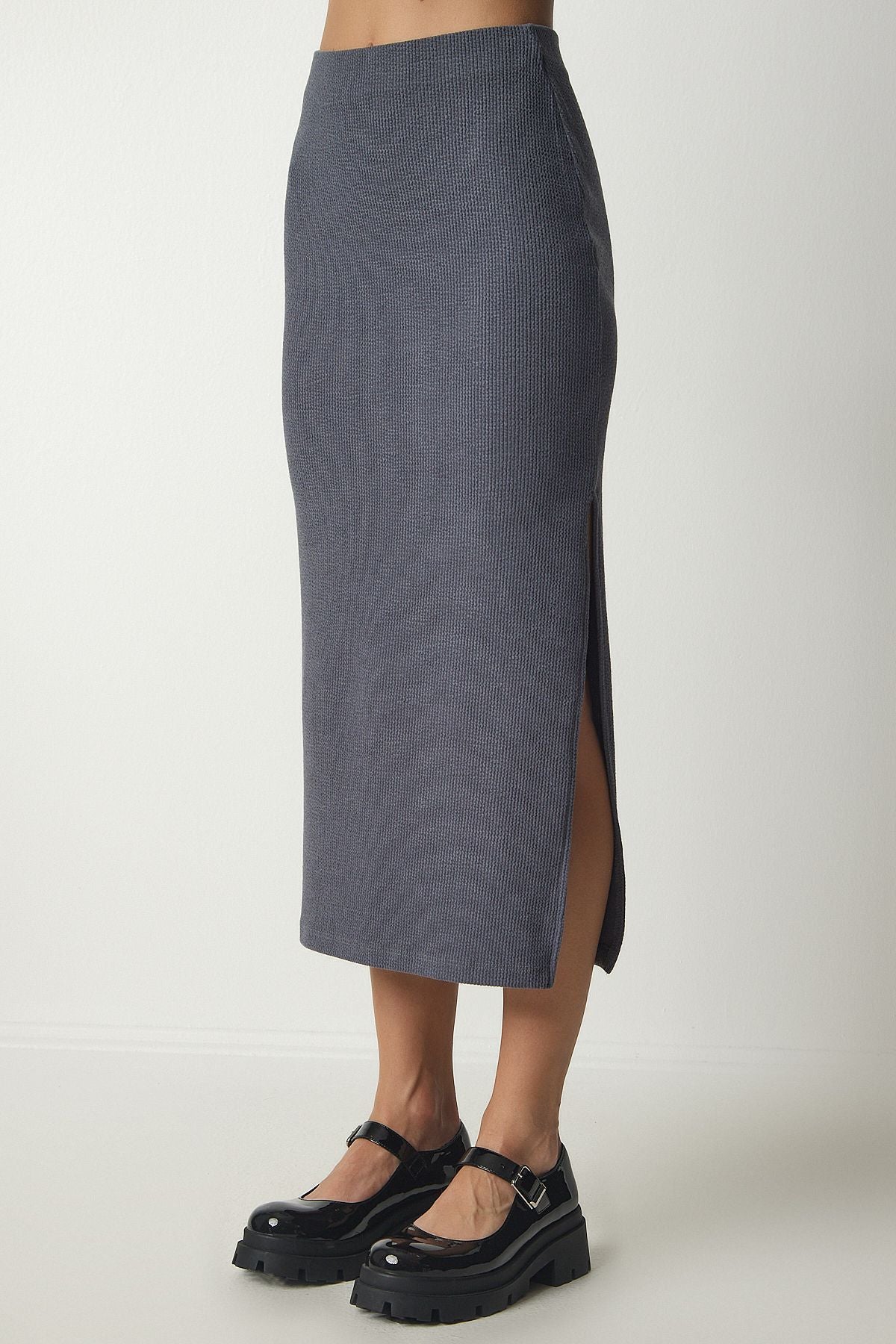 Woman Dark Gray Slit Knitting Pencil Skirt MC00230