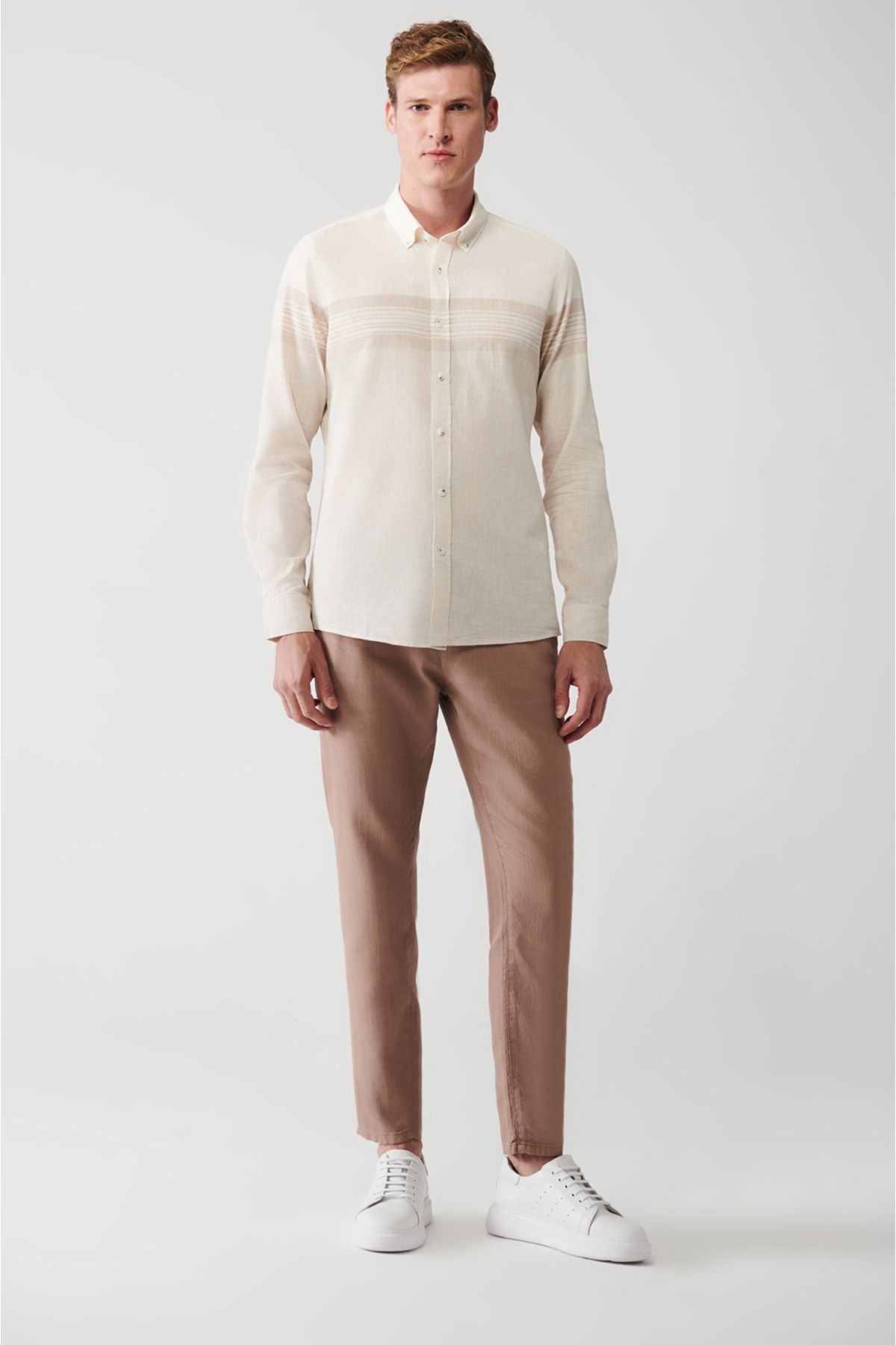 Men's beige cotton linen mixed striped shirt A31y2270
