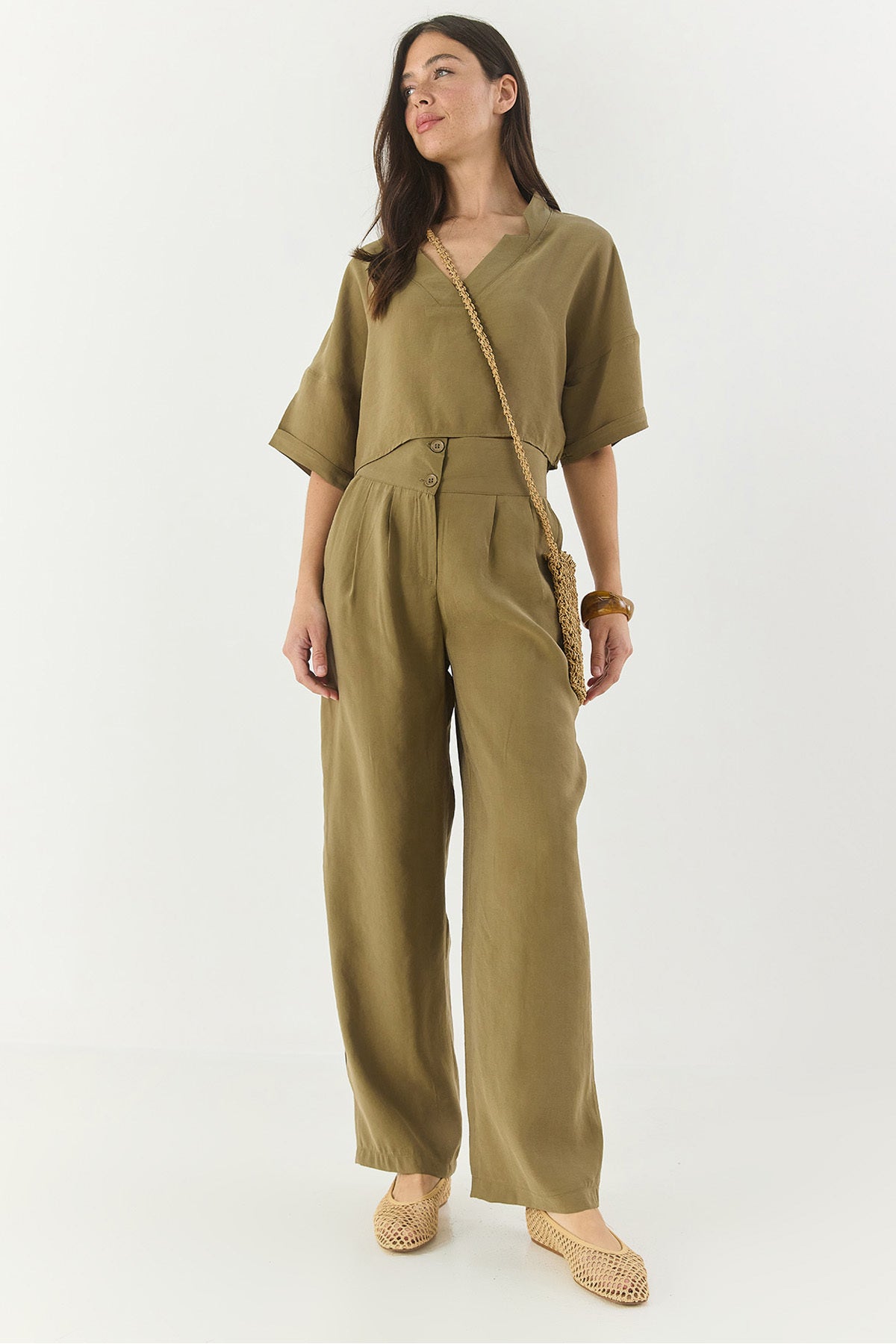 Women's V-Neck Blouse with High Waist Trousers Modal Bottom-Top Set 9330 60281052