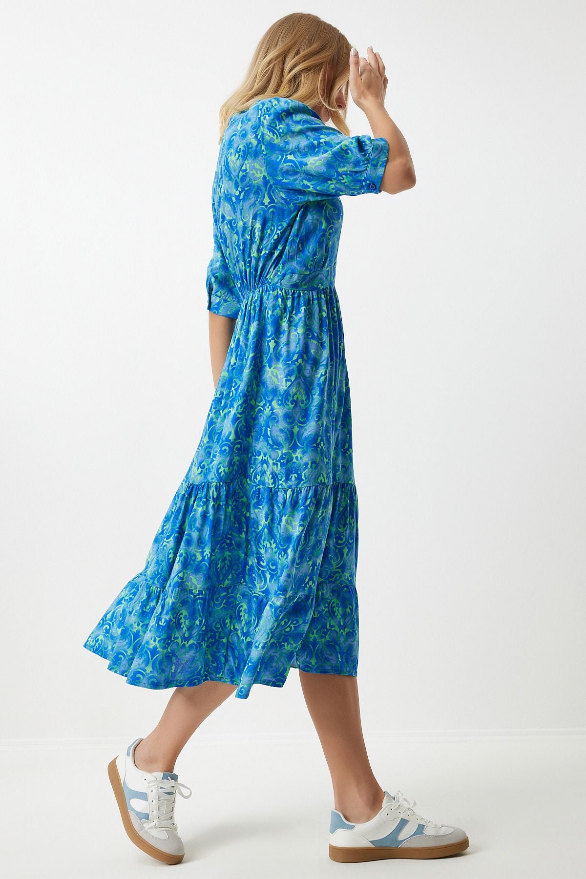 Woman Blue Green Anvelop Yaka Floral Summer Viscose Dress RV00128