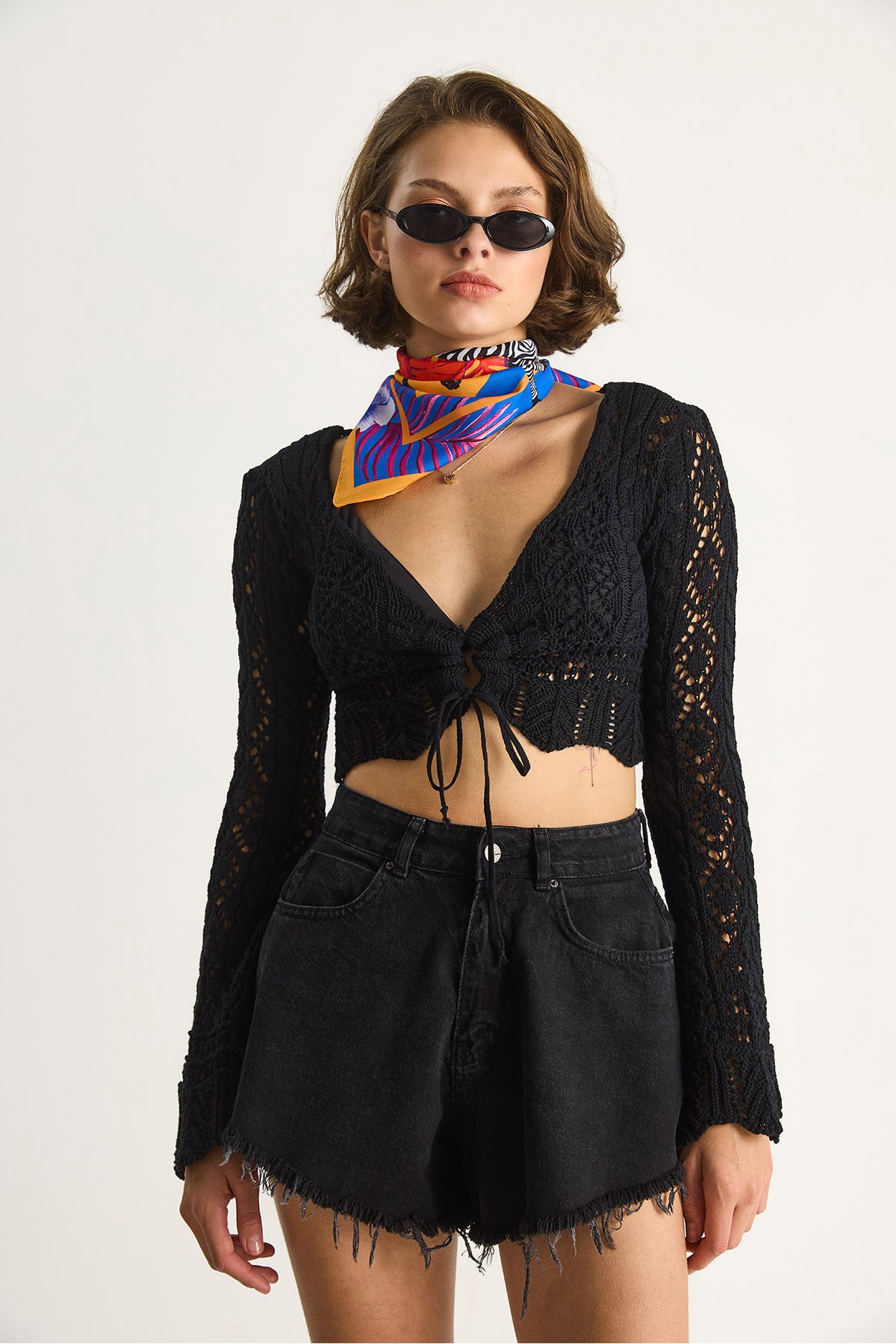 Women's Tie-Front Openwork Knitted Blouse 20259805