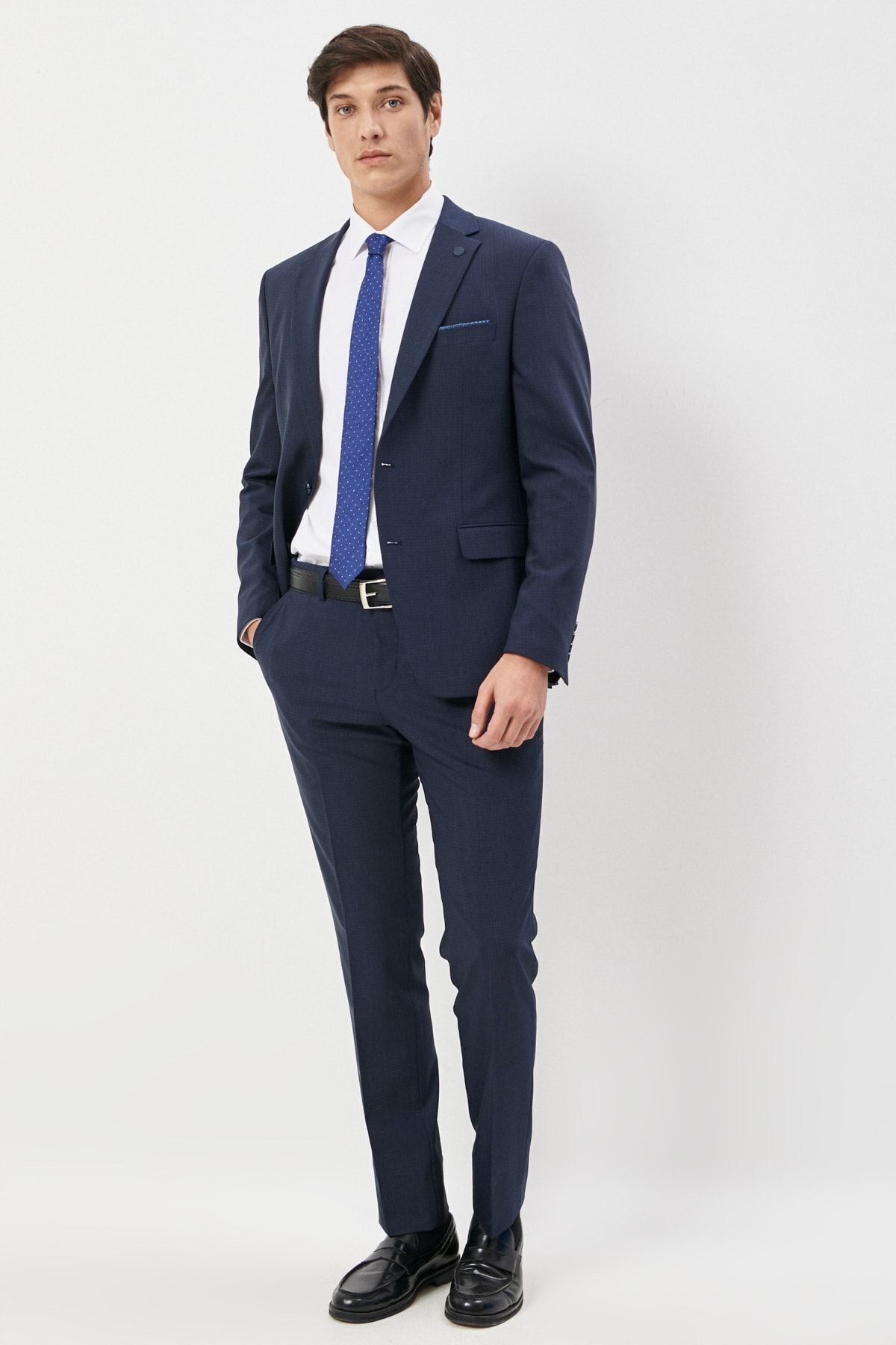 Men's dark navy blue slim fit narrow cut mono collar cheekly woolen suit suits