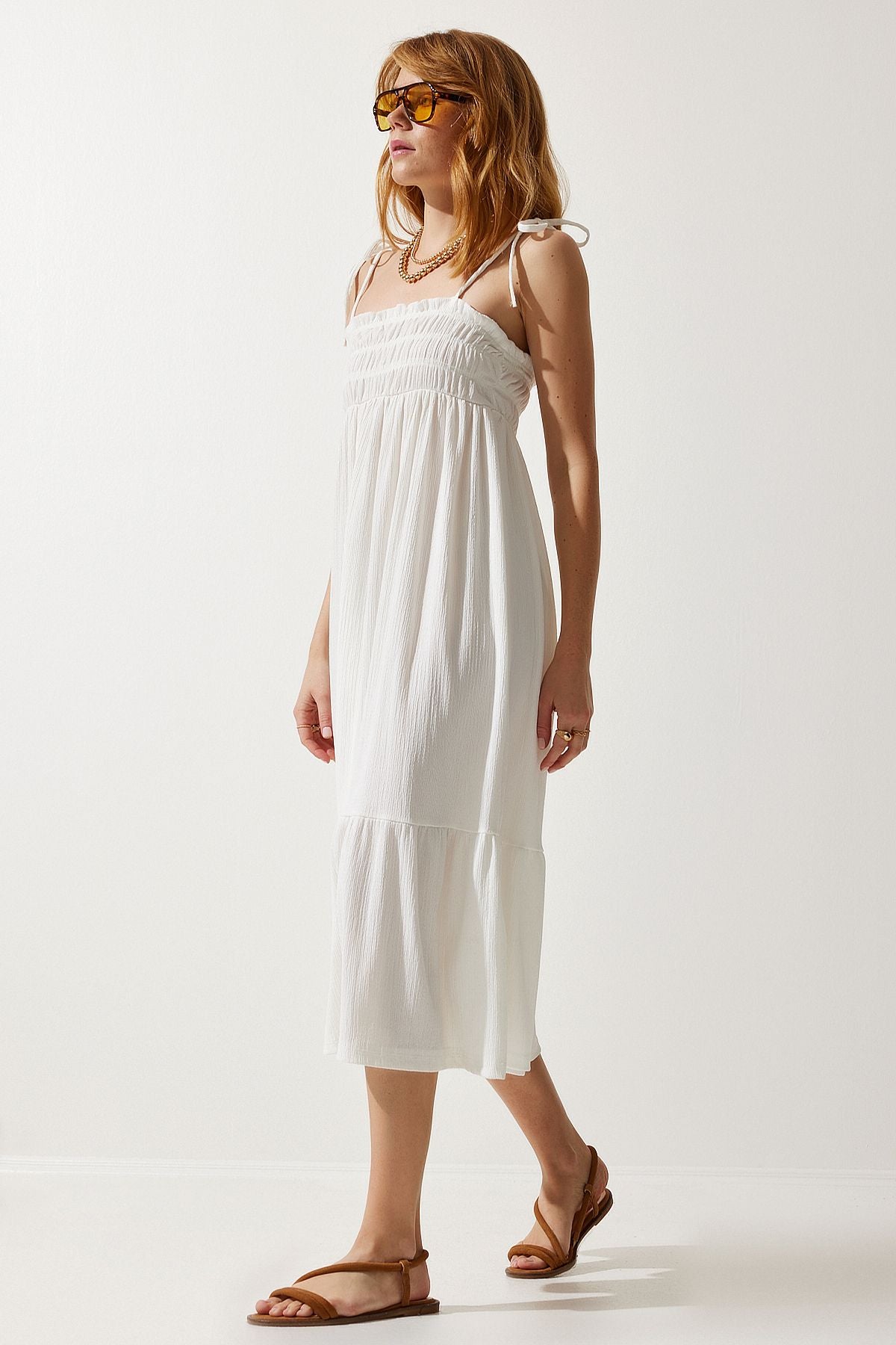 Woman White Hanger Krinkıl Summer Knitting Dress UB00250