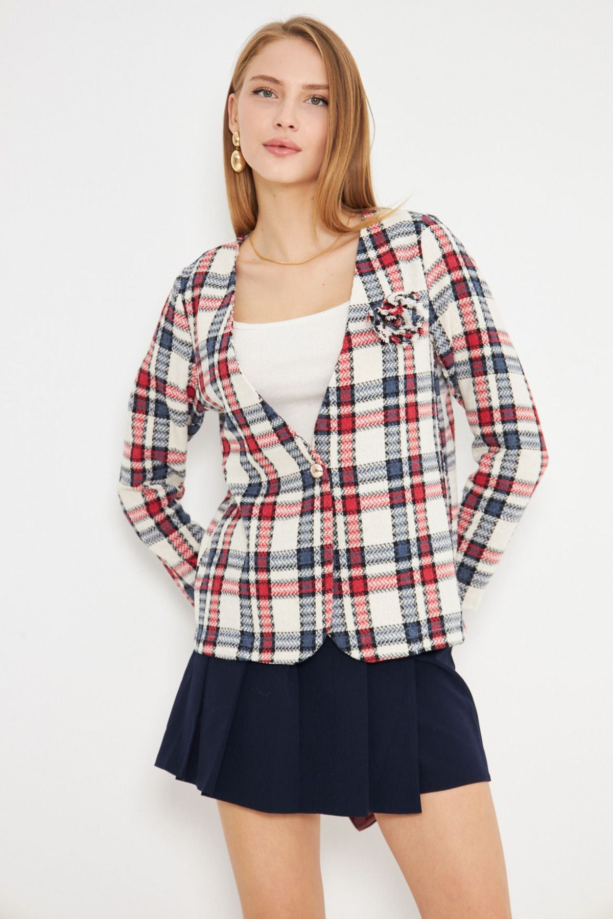 Women's Red V-Neck collar brooch detailed plaid jacket ARM-25K001033