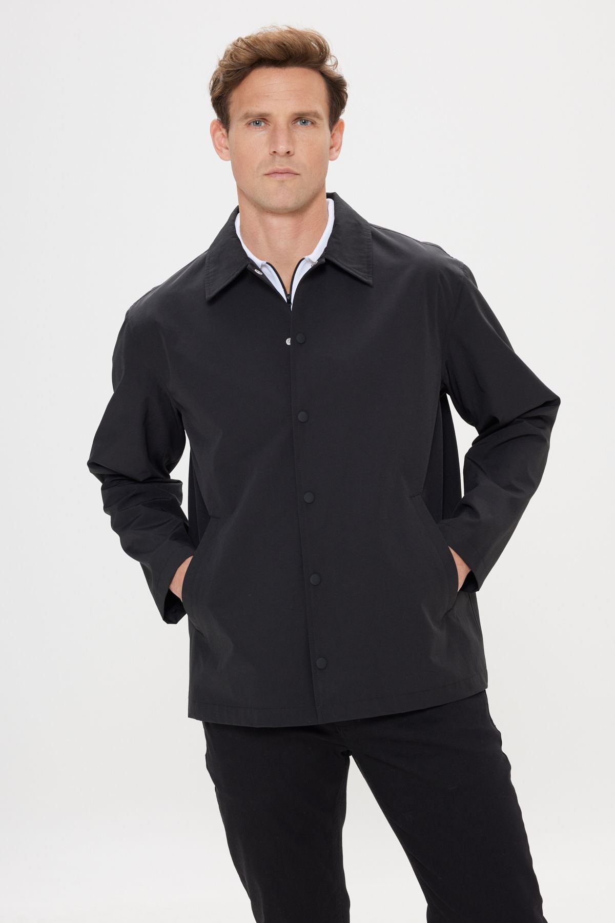 Men's Black Standard Fit Normal Cutting Shirt Caple Capital Coat Coat