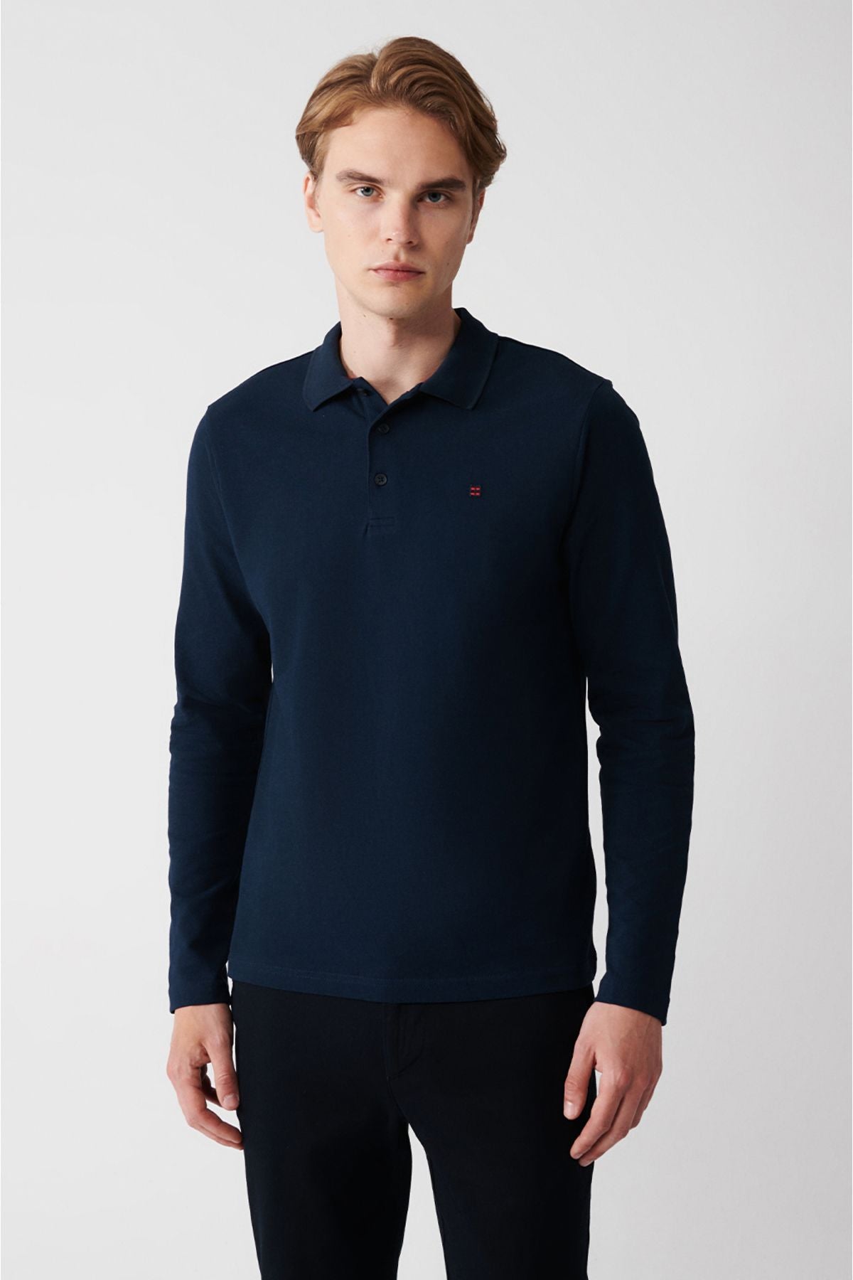 Men's Navy Blue Sweatshirt 3 Button Polo Collar 100% Cotton Basic Regular Fit E001003