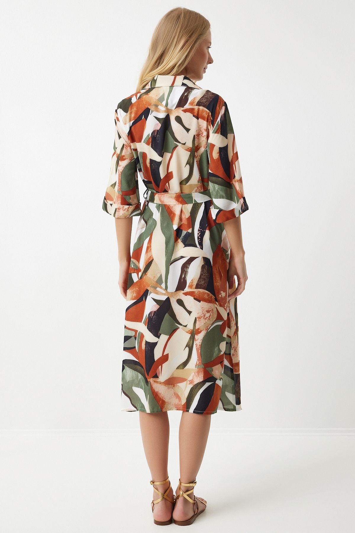Female Khaki Tile Patterned Summer Viscose Shirt Dress MX00166