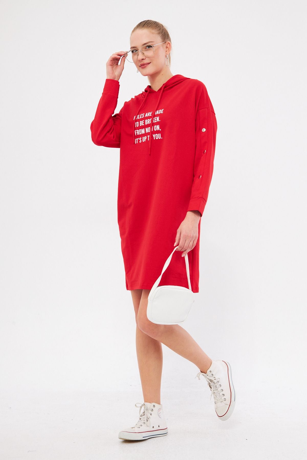 Women's Red Sleeve in front of the hooded hooded Tunic Sweatshirt ARM-25K001021