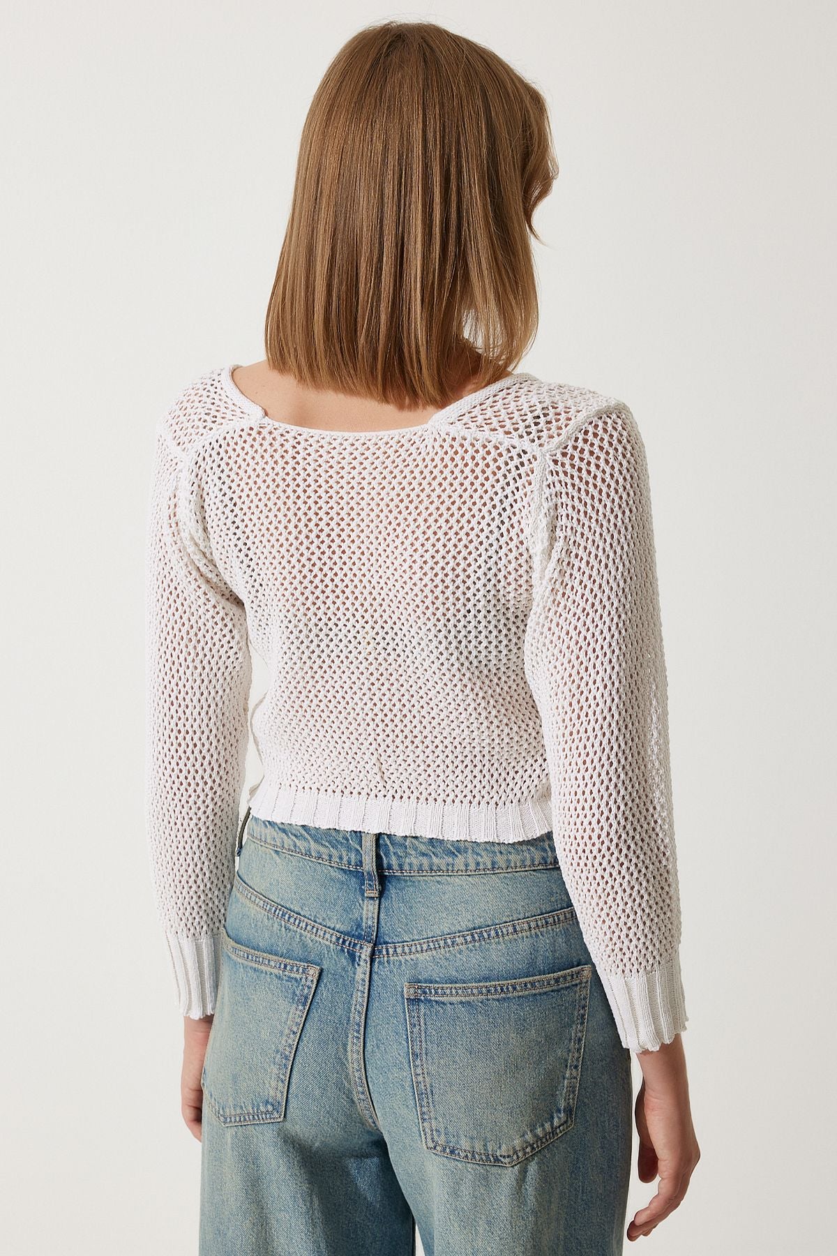 Kadın Ekru Ajurlu Crop Triko Bluz YY00212
