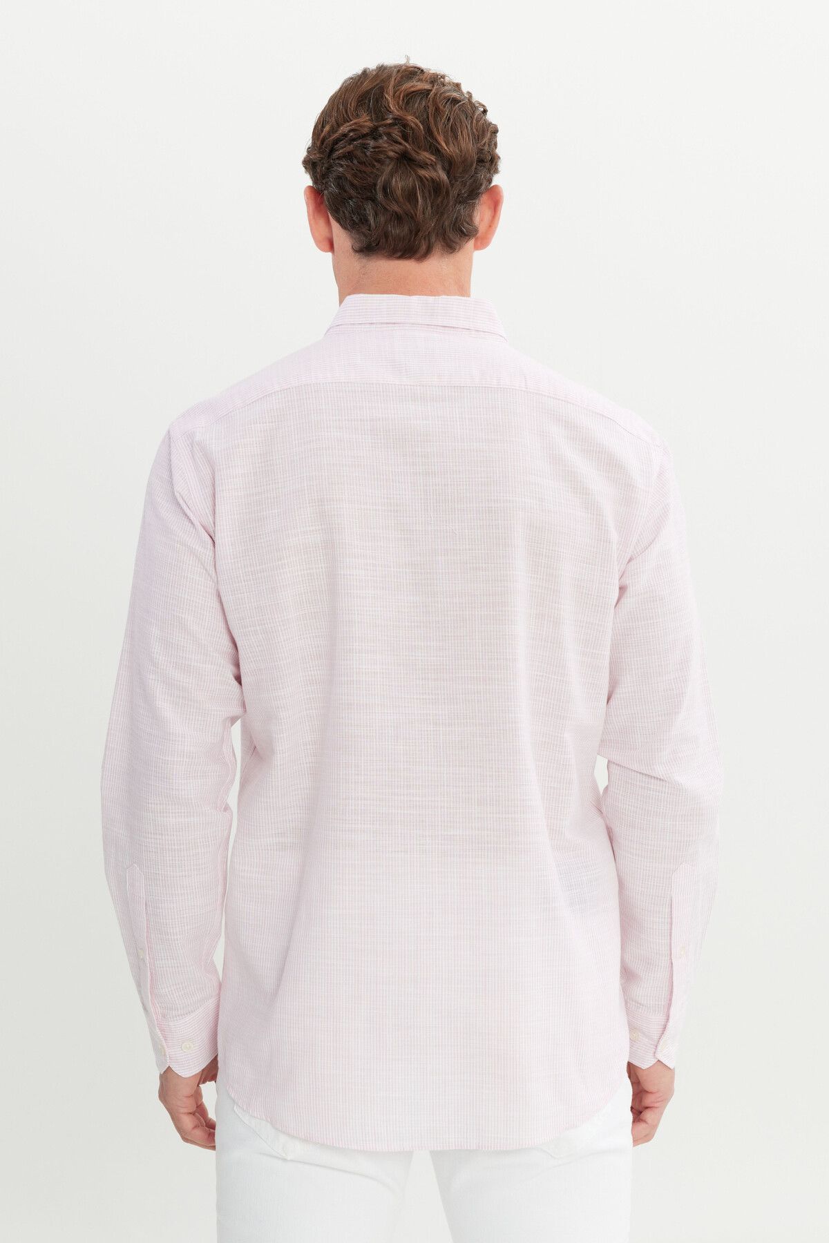 Men's powder pink 100 %cotton comfort fit comfortable cut buttoned collar striped shirt