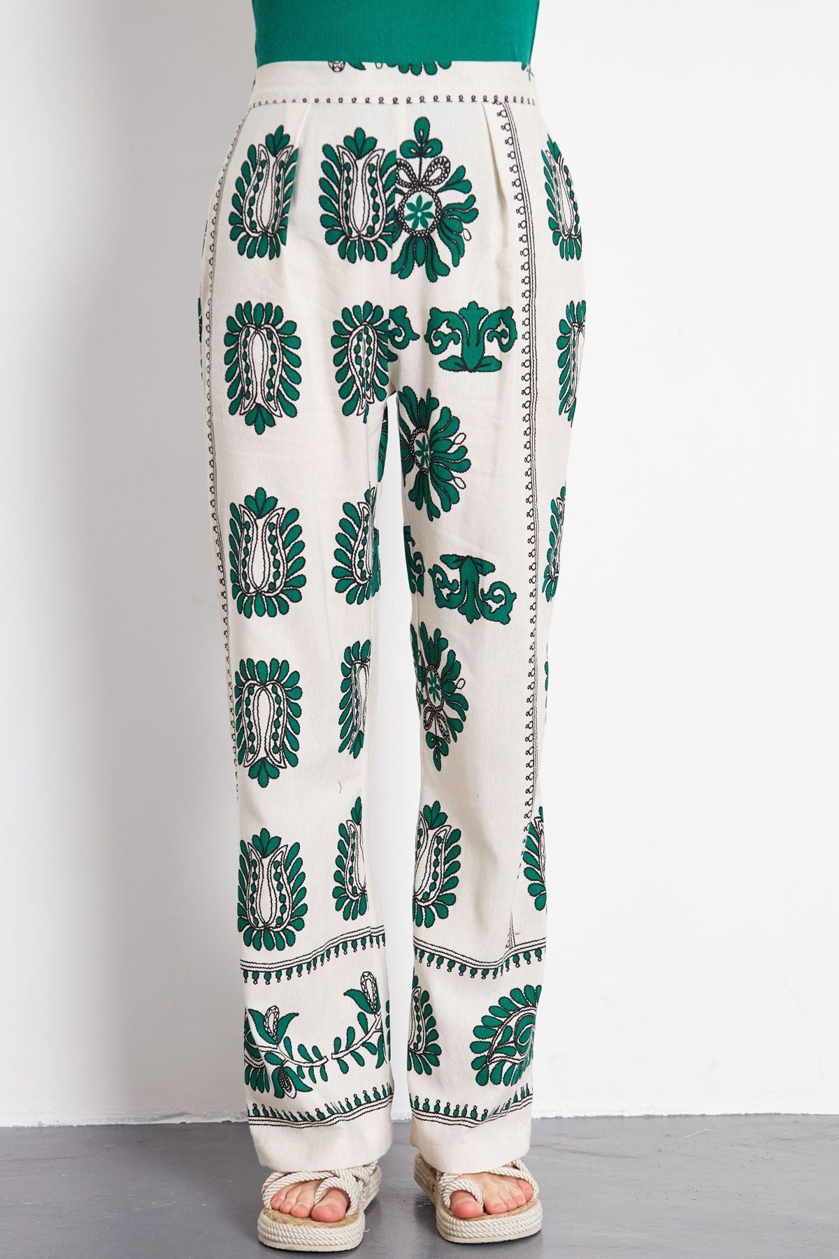 PALAZZO Pants with Patterned Patterned Patterned Emerald Linen-Look